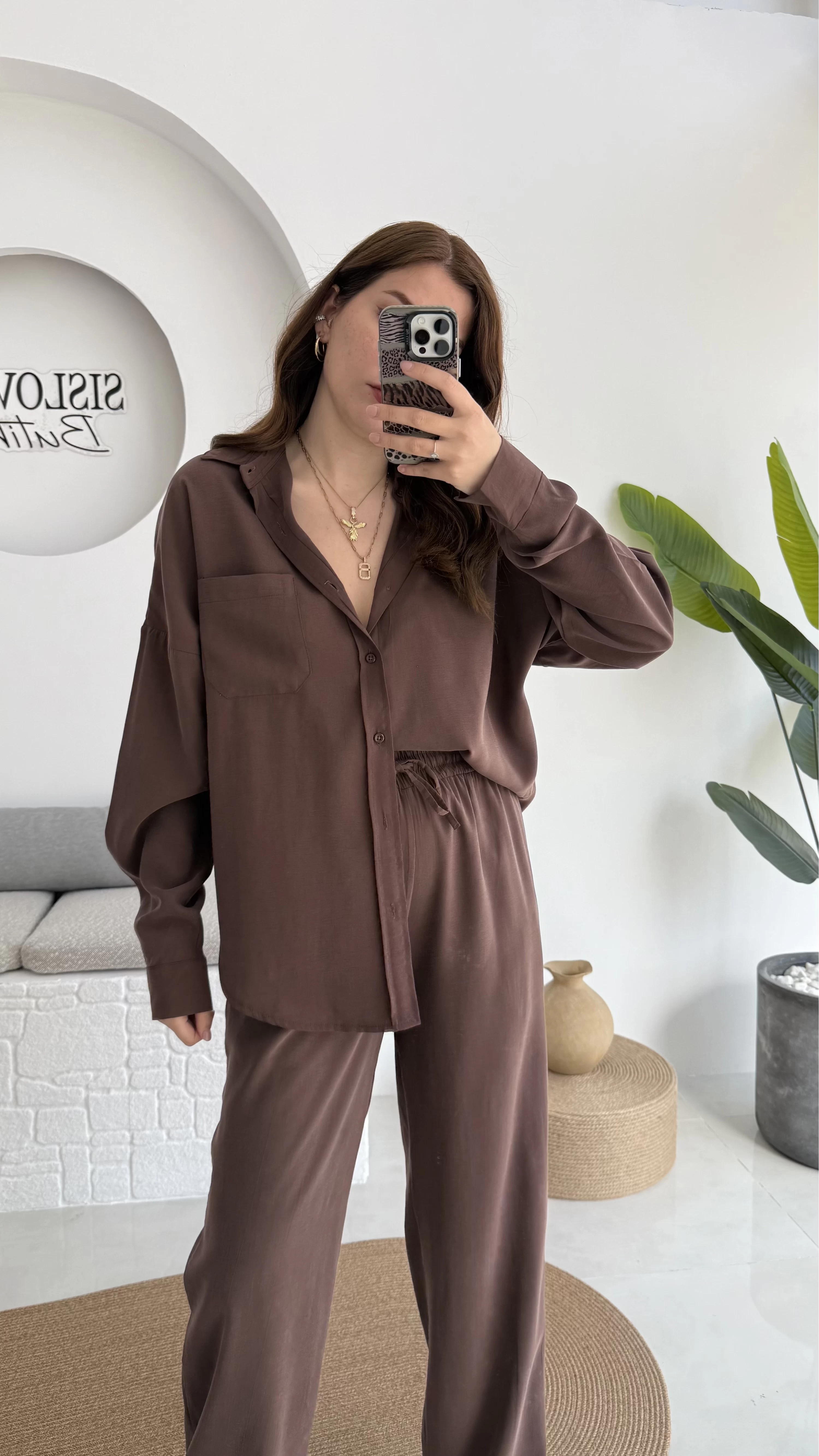 Diva Modal Gömlek Pantolon Takım Kahve