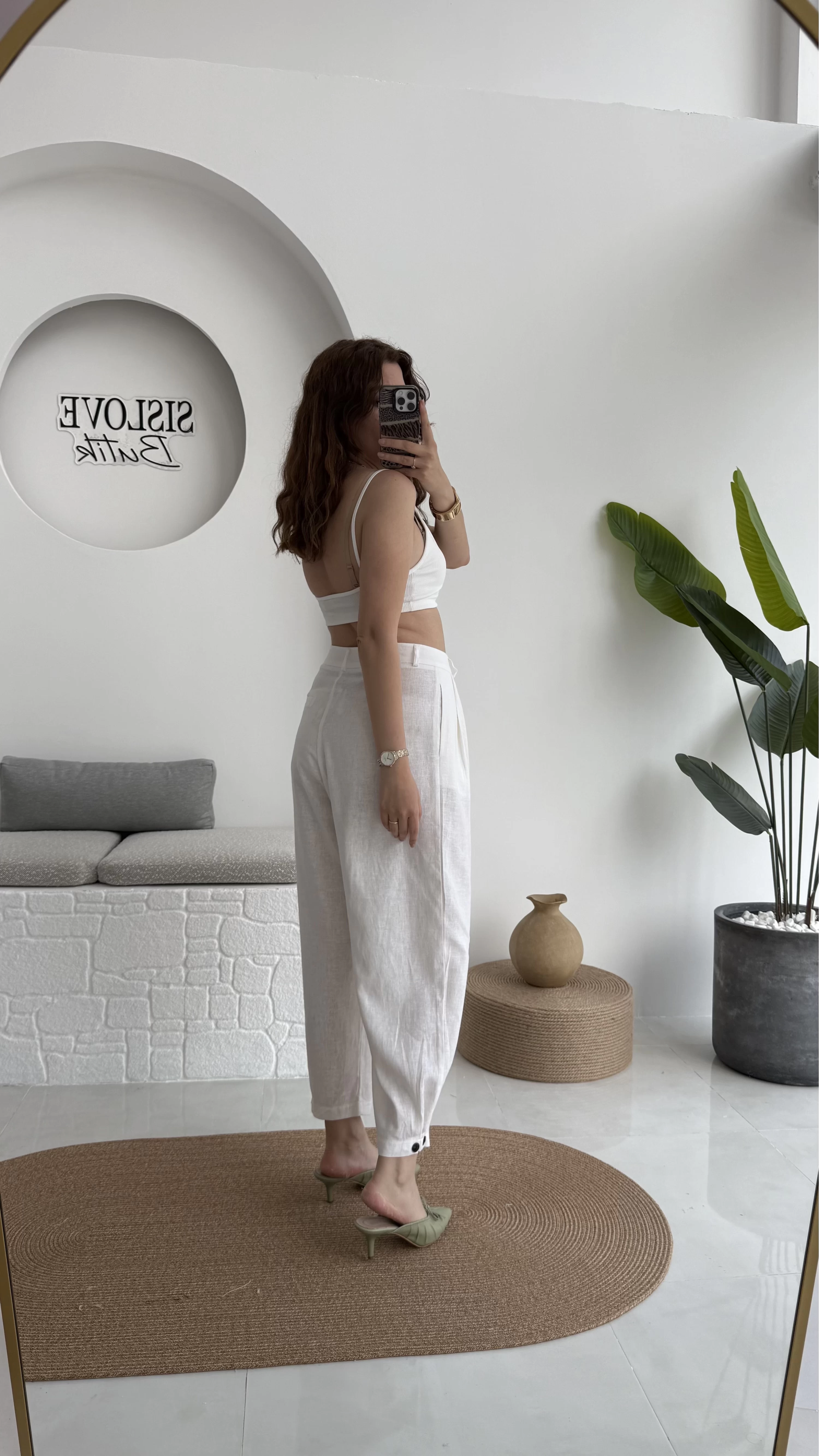 Düğme Detay Keten Pantolon - Beyaz - 50976