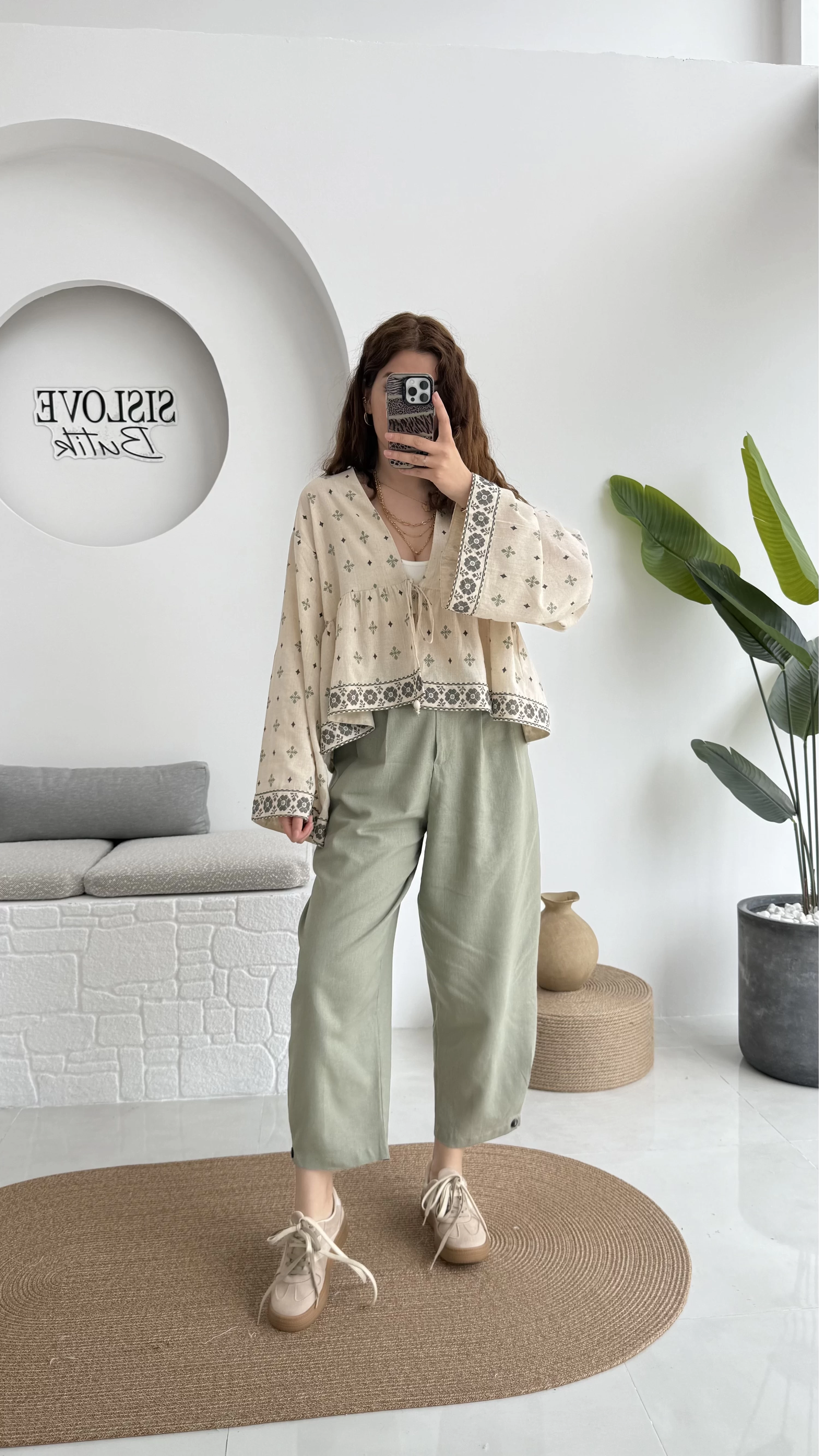 Düğme Detay Keten Pantolon - Çağla Yeşili - 50976