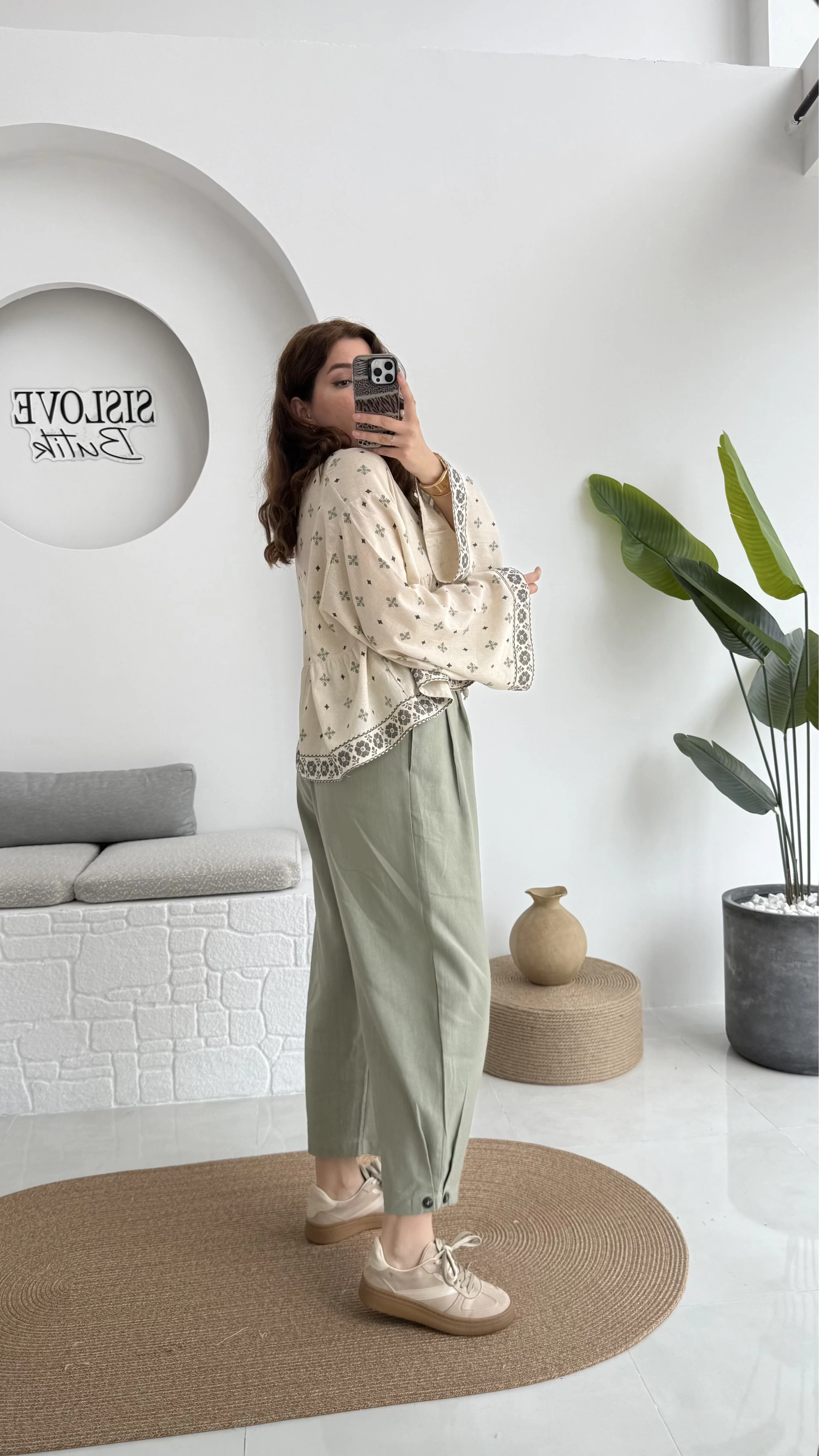 Düğme Detay Keten Pantolon - Çağla Yeşili - 50976