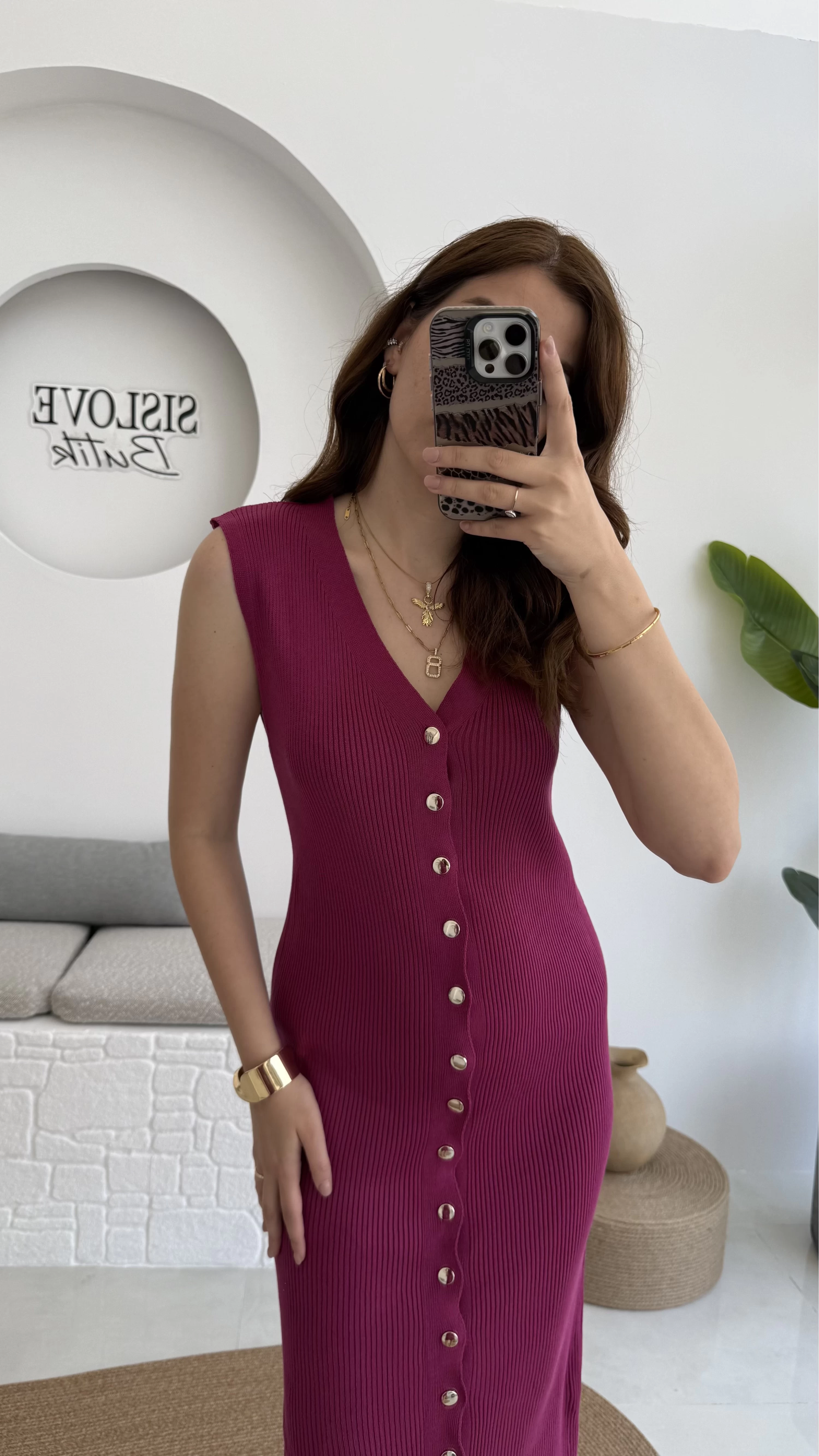Düğmeli Midi Boy Triko Elbise Fuşya 2832