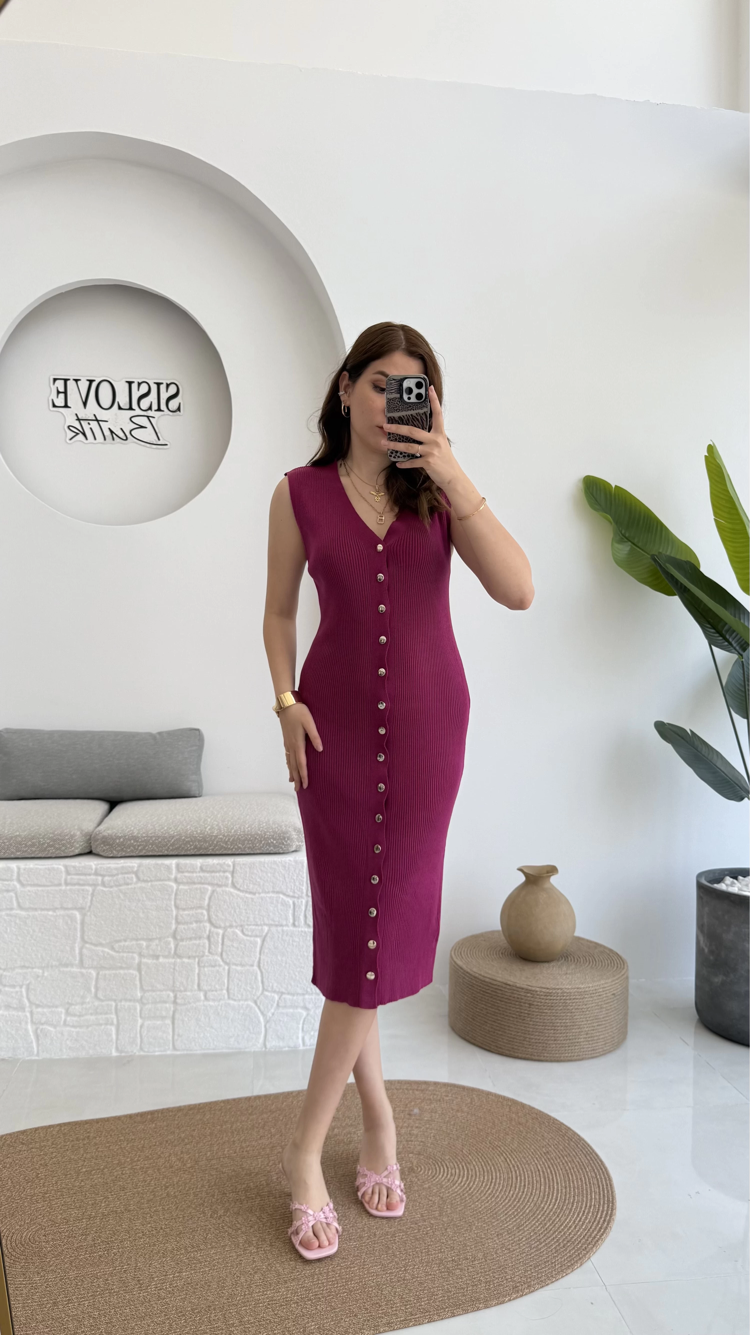 Düğmeli Midi Boy Triko Elbise Fuşya 2832