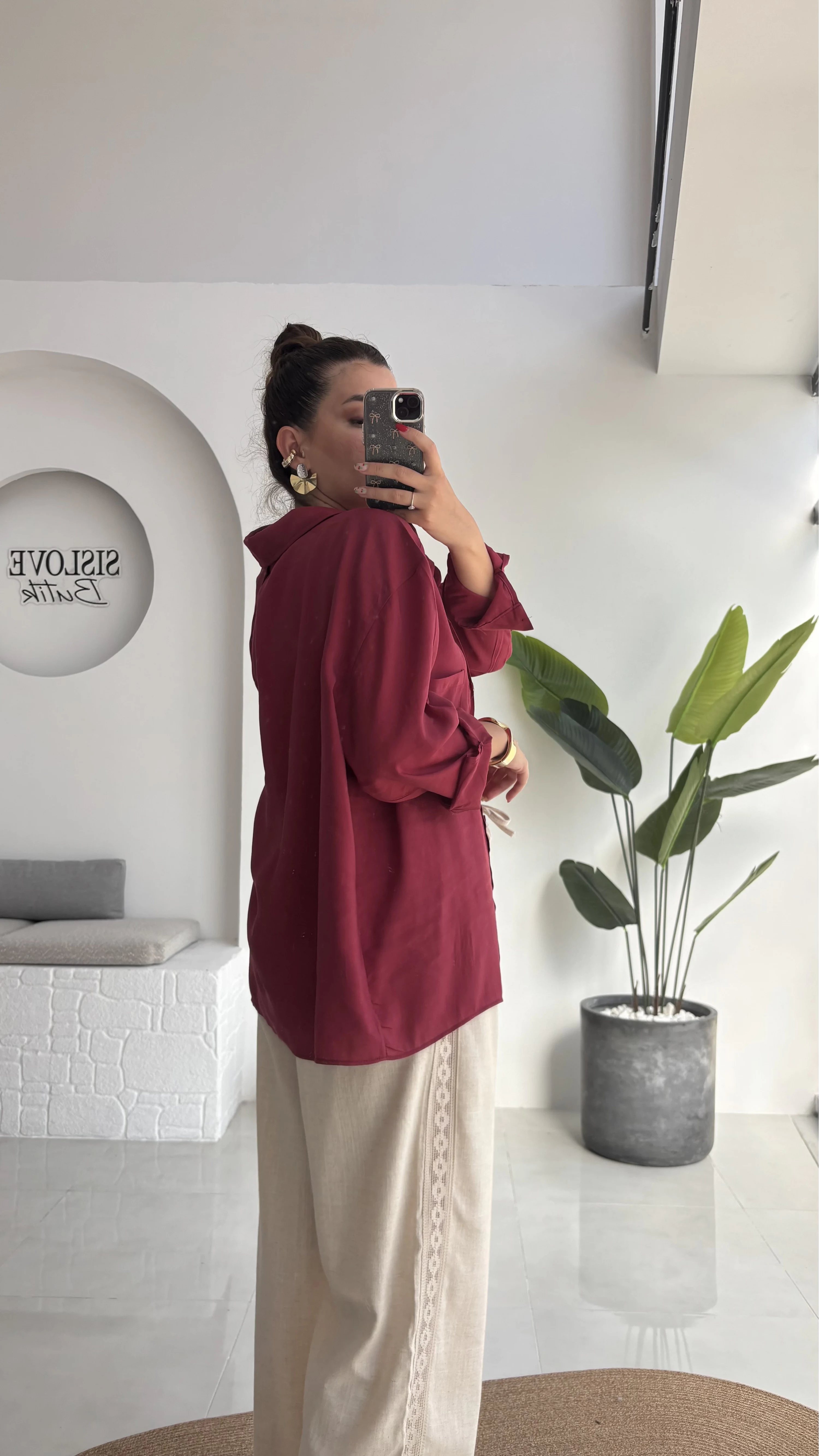 Düşük Omuzlu Modal Gömlek - Bordo - 5050