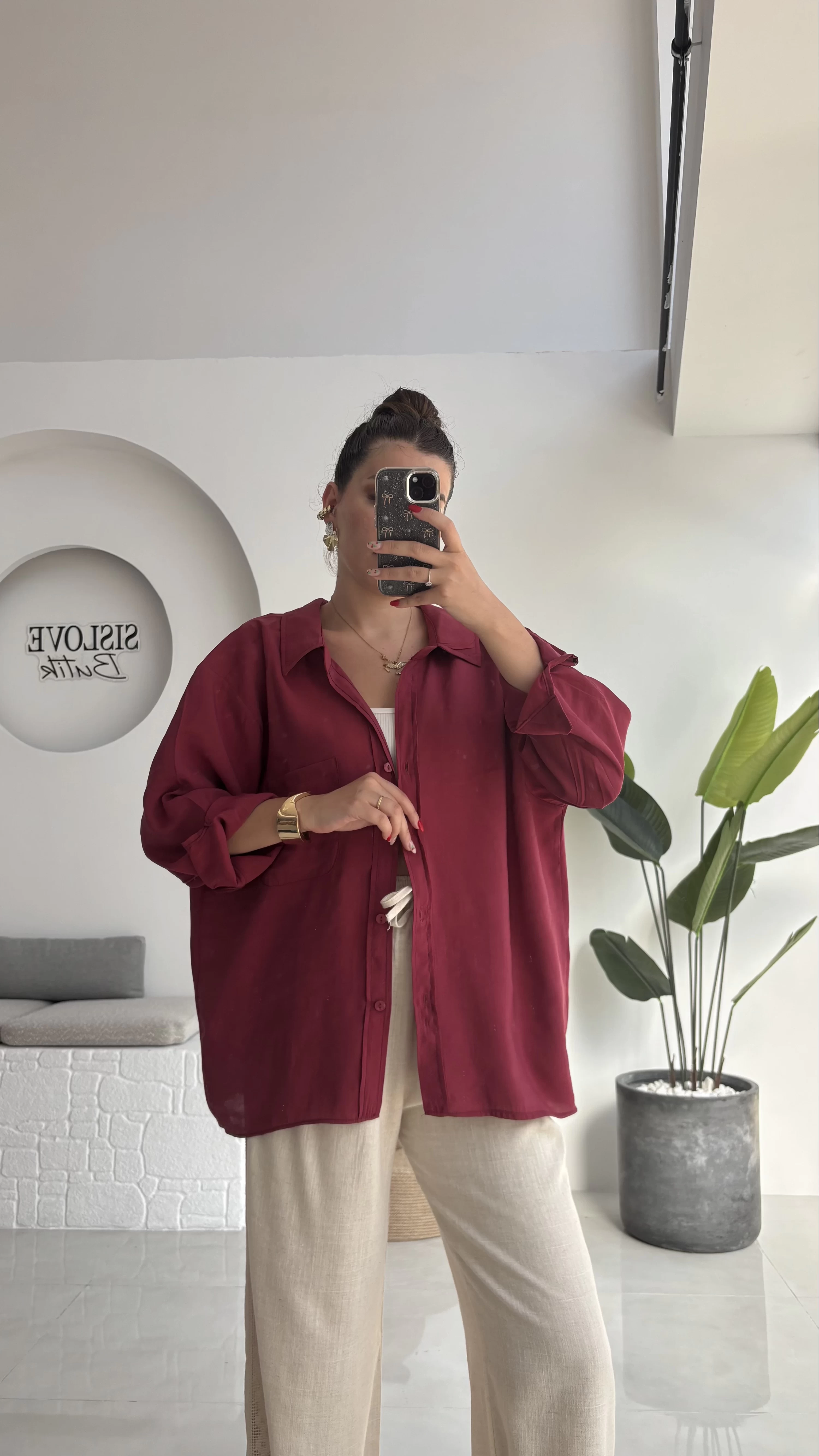 Düşük Omuzlu Modal Gömlek - Bordo - 5050