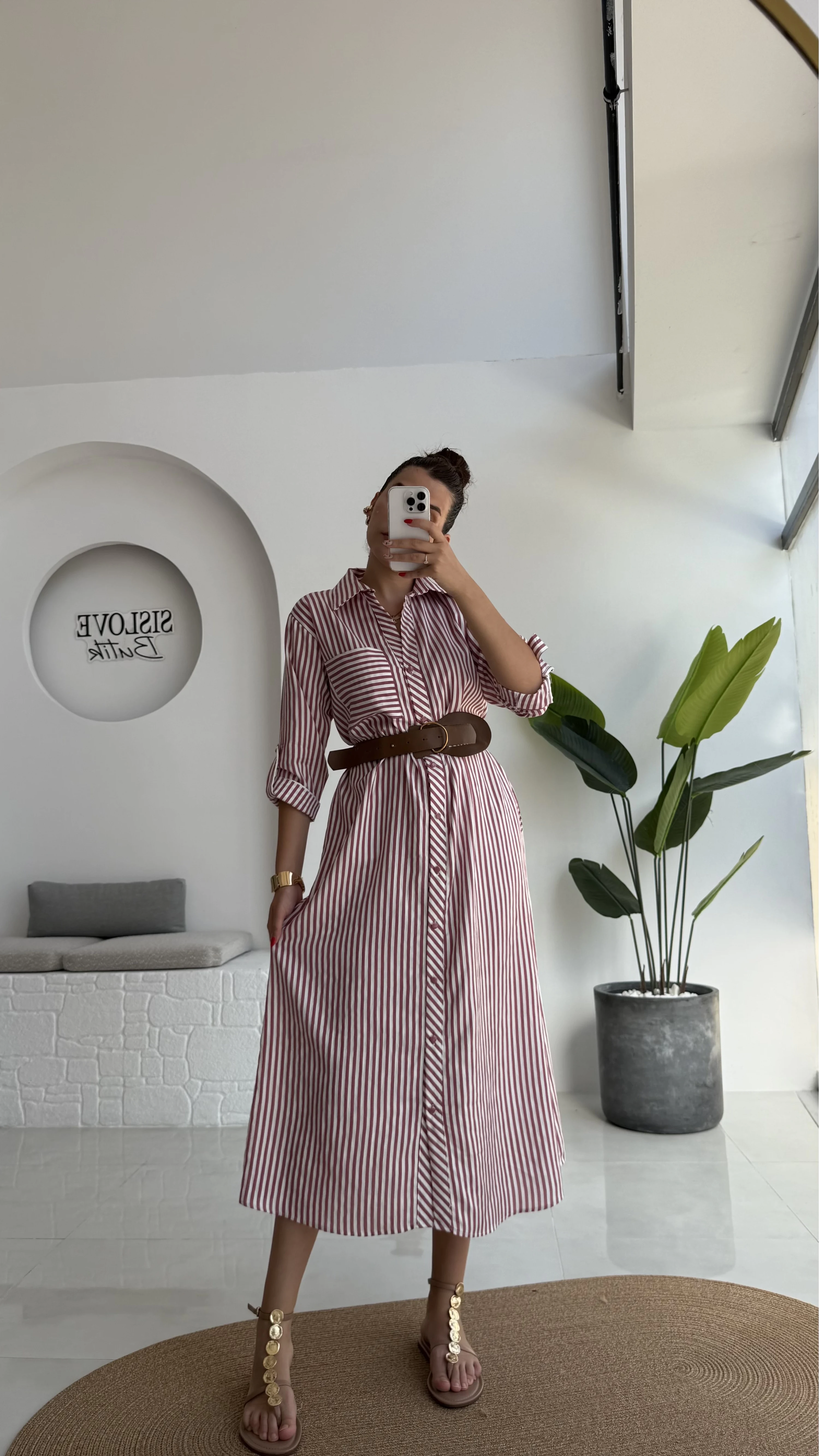 Edith Çizgili Kemerli Gömlek Elbise - Pembe - 0411