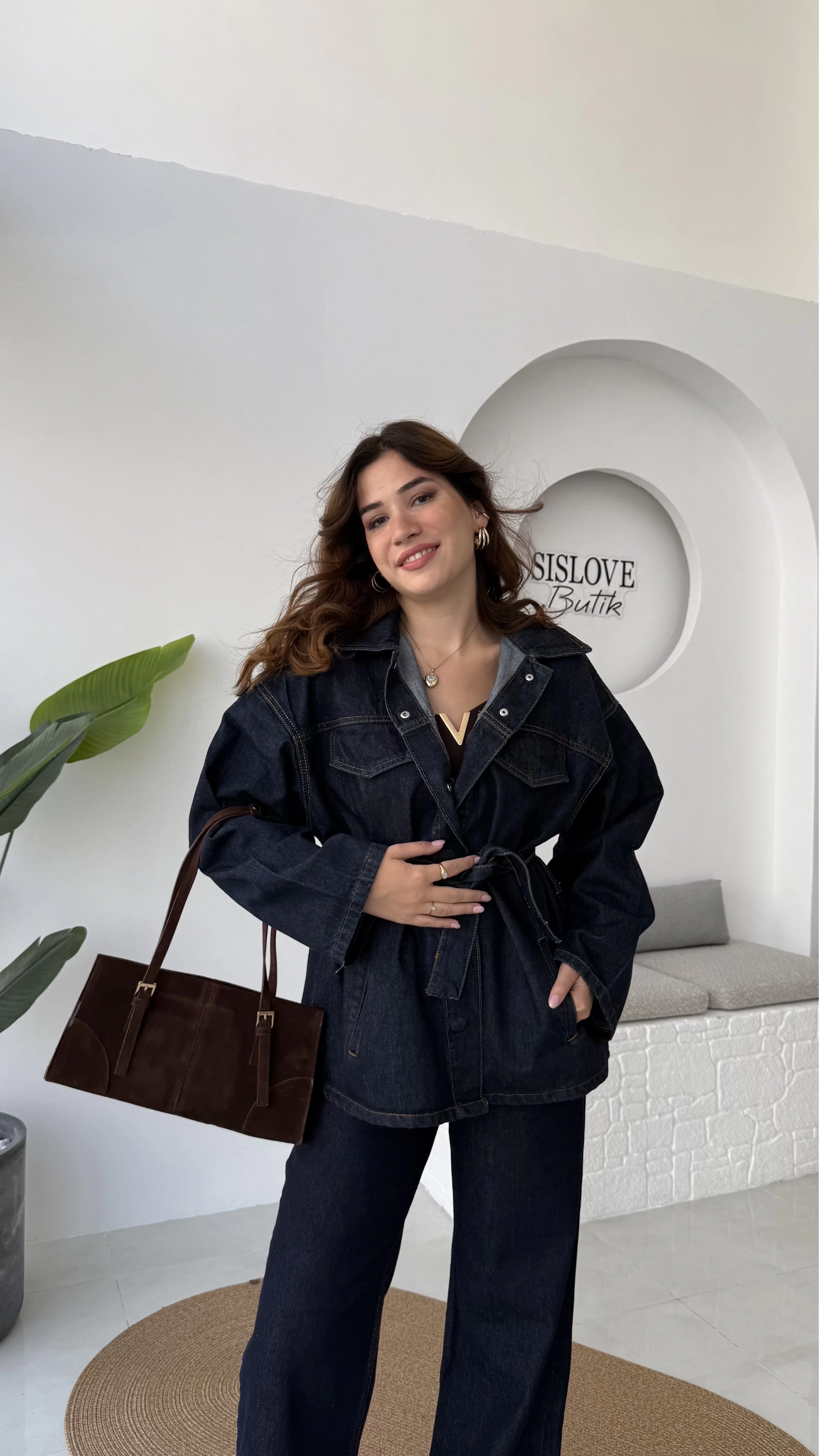Ellie Kuşaklı Denim Ceket Pantolon Takım - Mavi