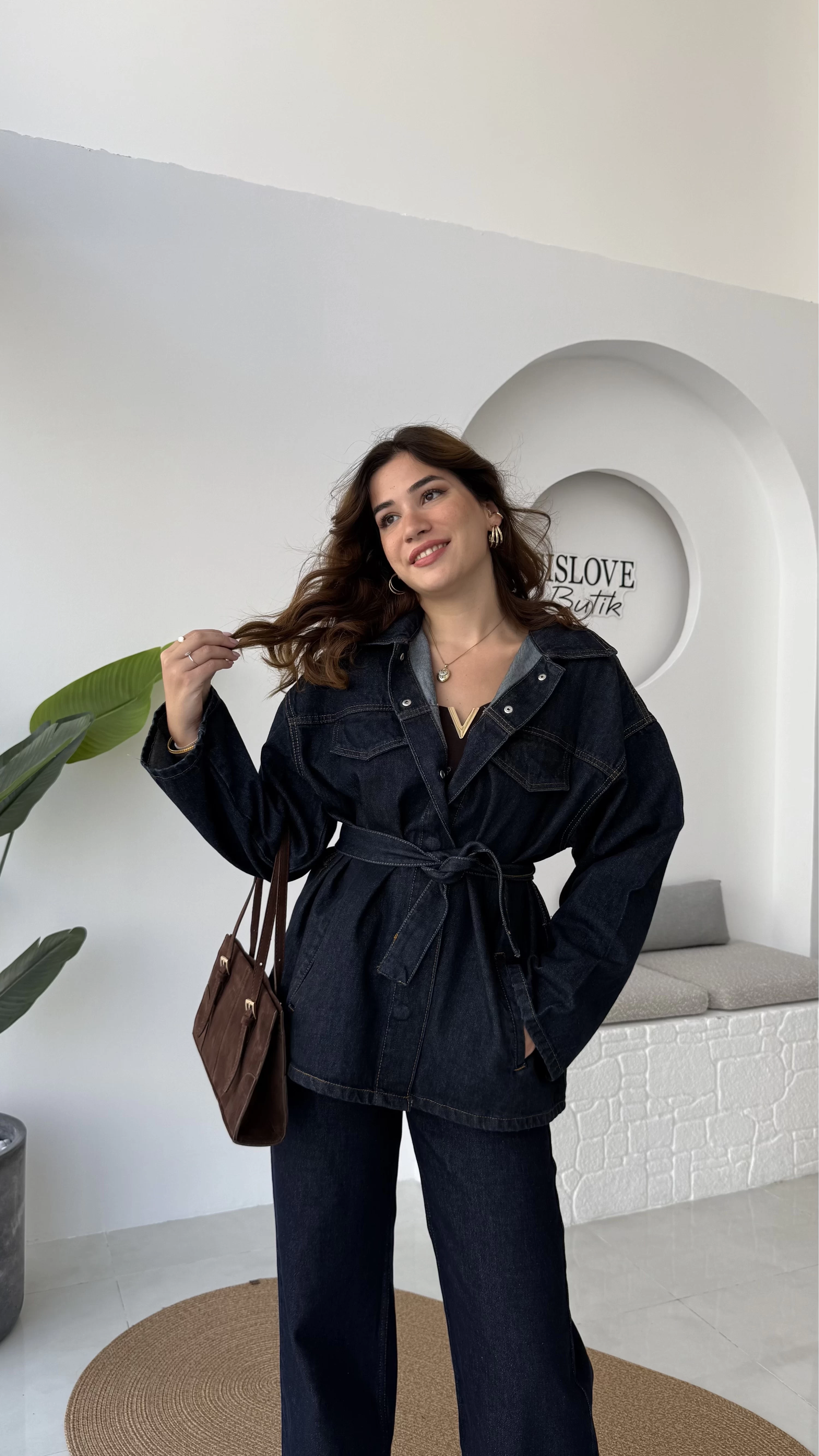 Ellie Kuşaklı Denim Ceket Pantolon Takım - Mavi
