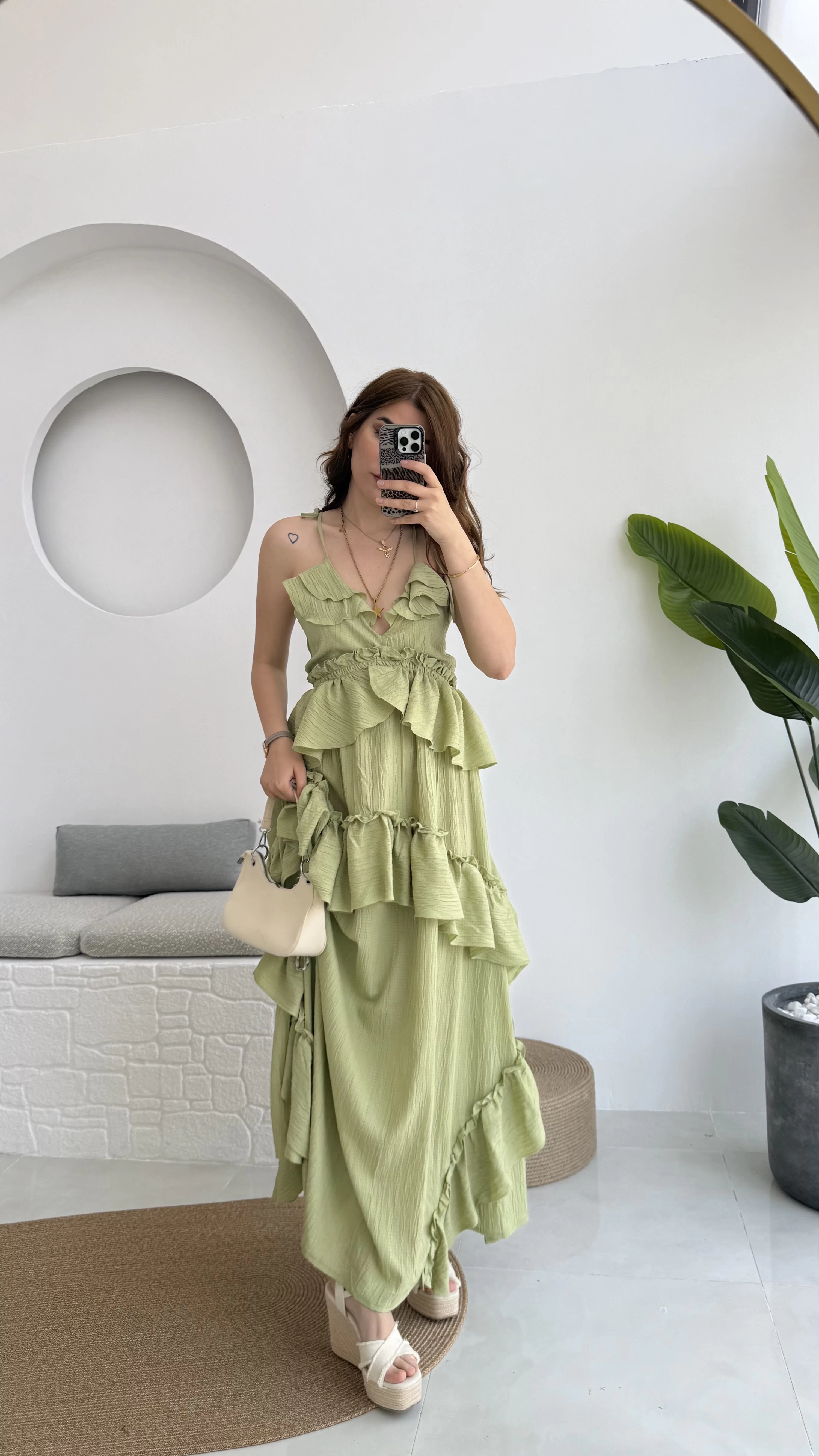 Flora Elbise Yeşil Kat Kat