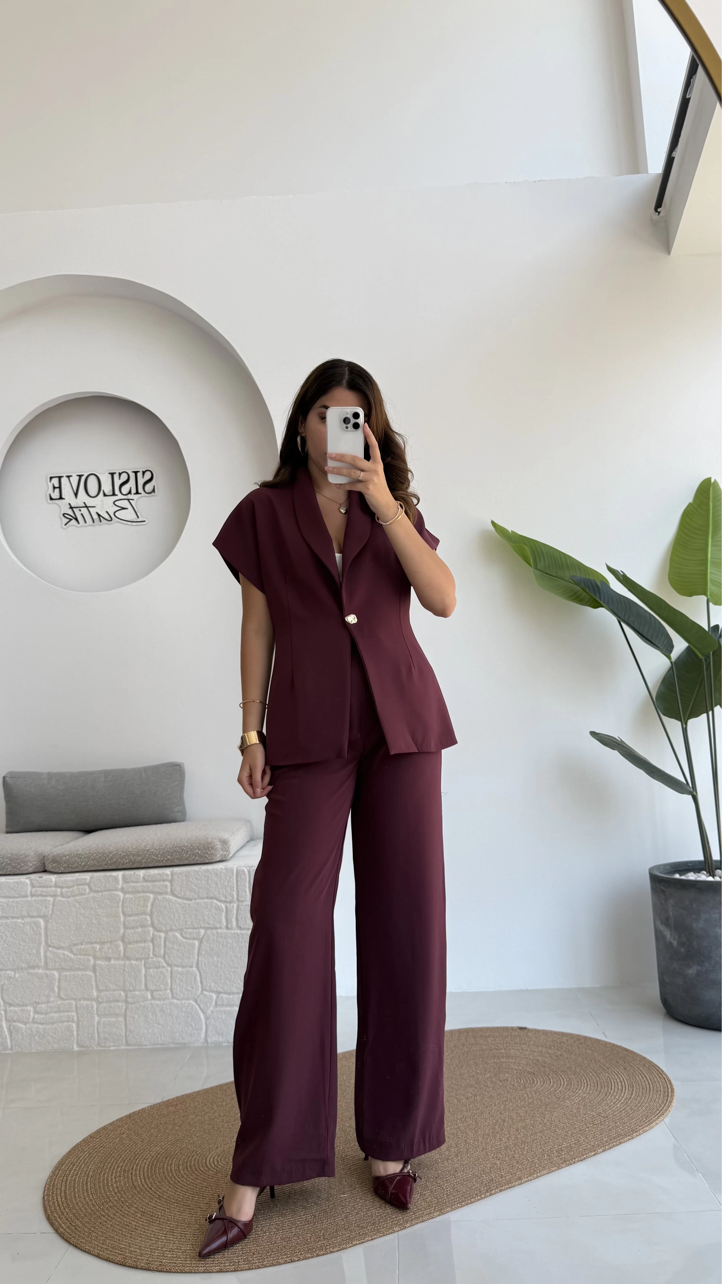 Fragile Şal Yaka Yelek Pantolon Takım - Bordo - Kod: 8789