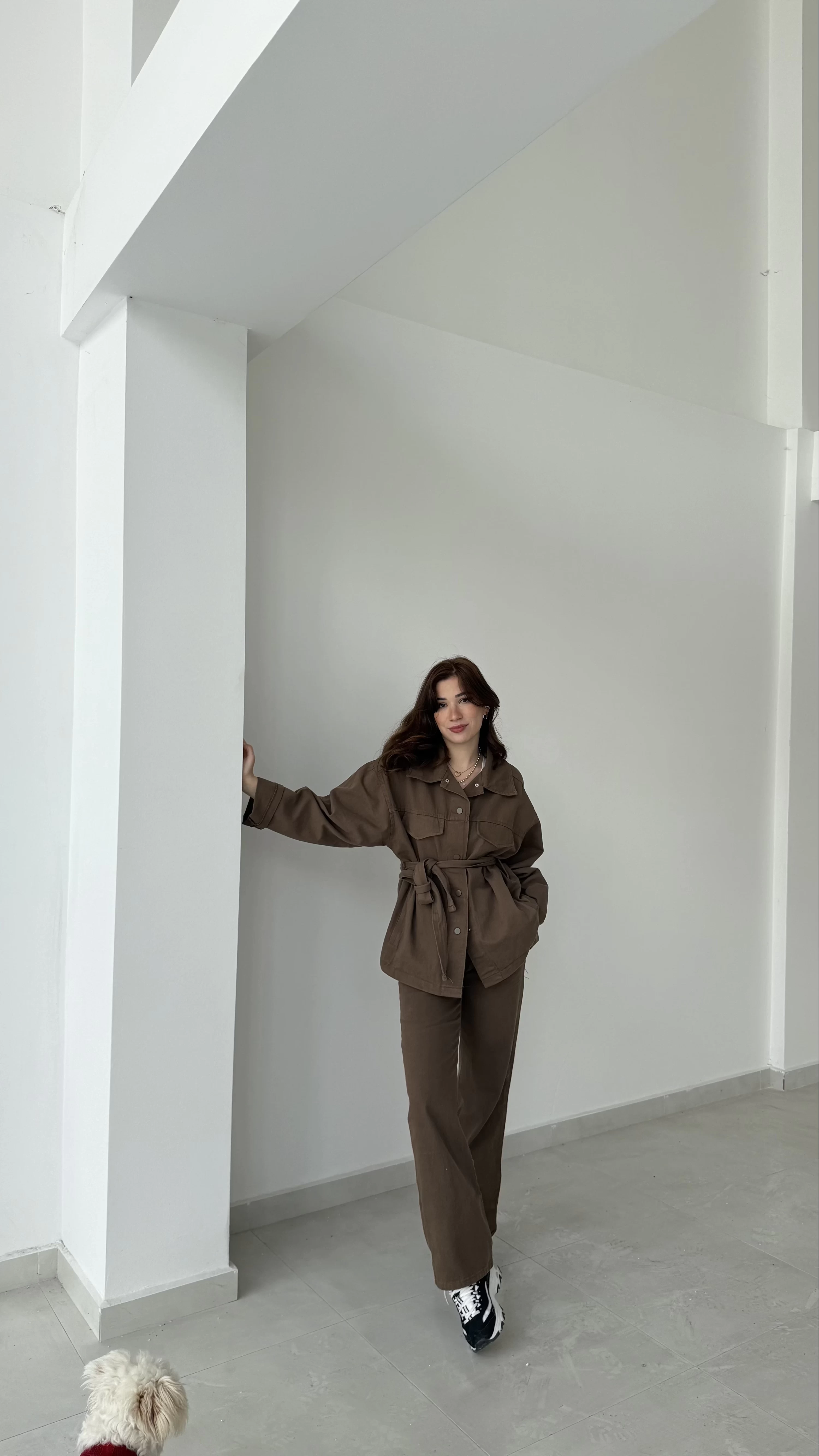 Gabardin Kuşaklı Ceket Takım - Kahve