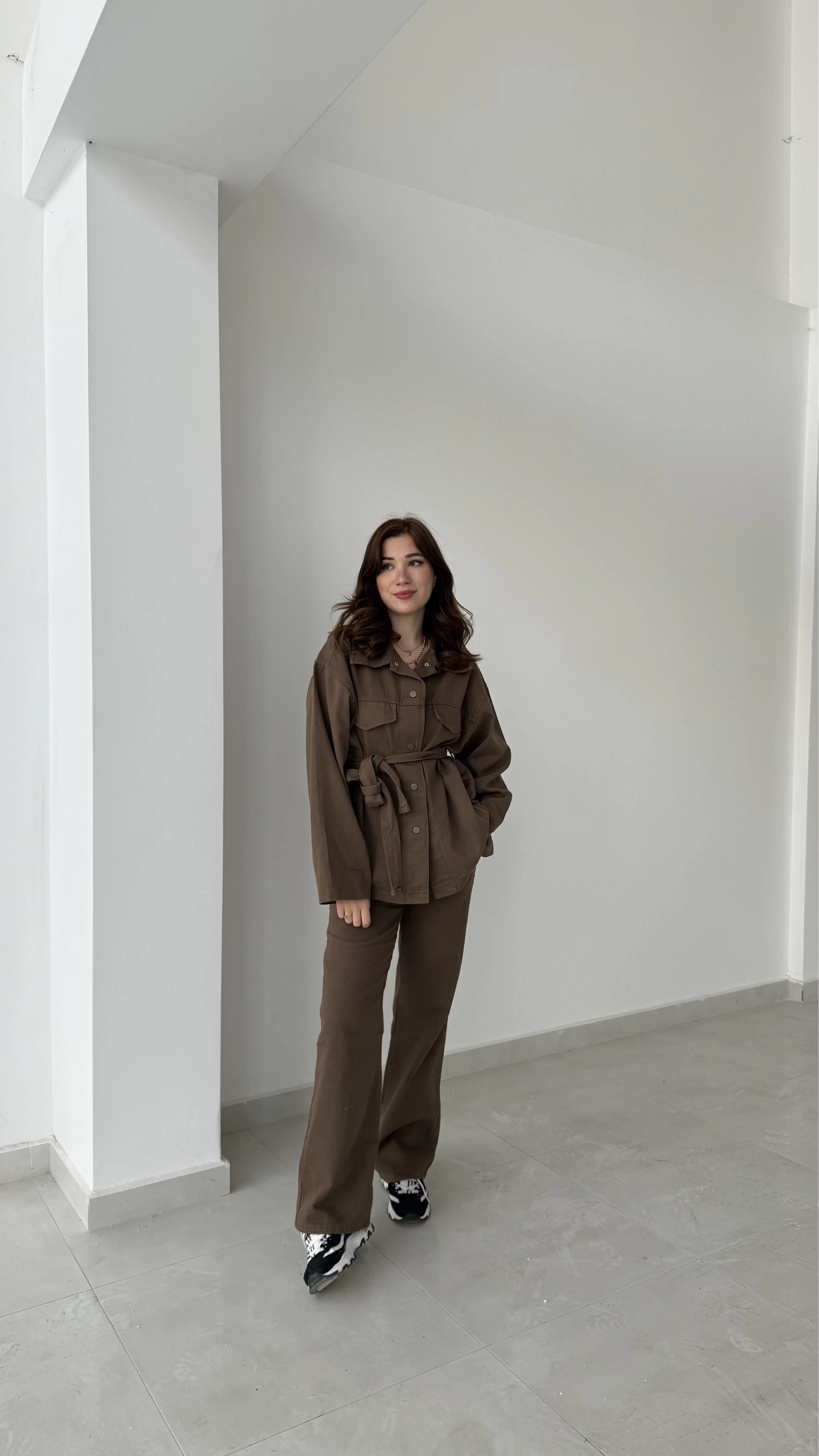 Gabardin Kuşaklı Ceket Takım - Kahve