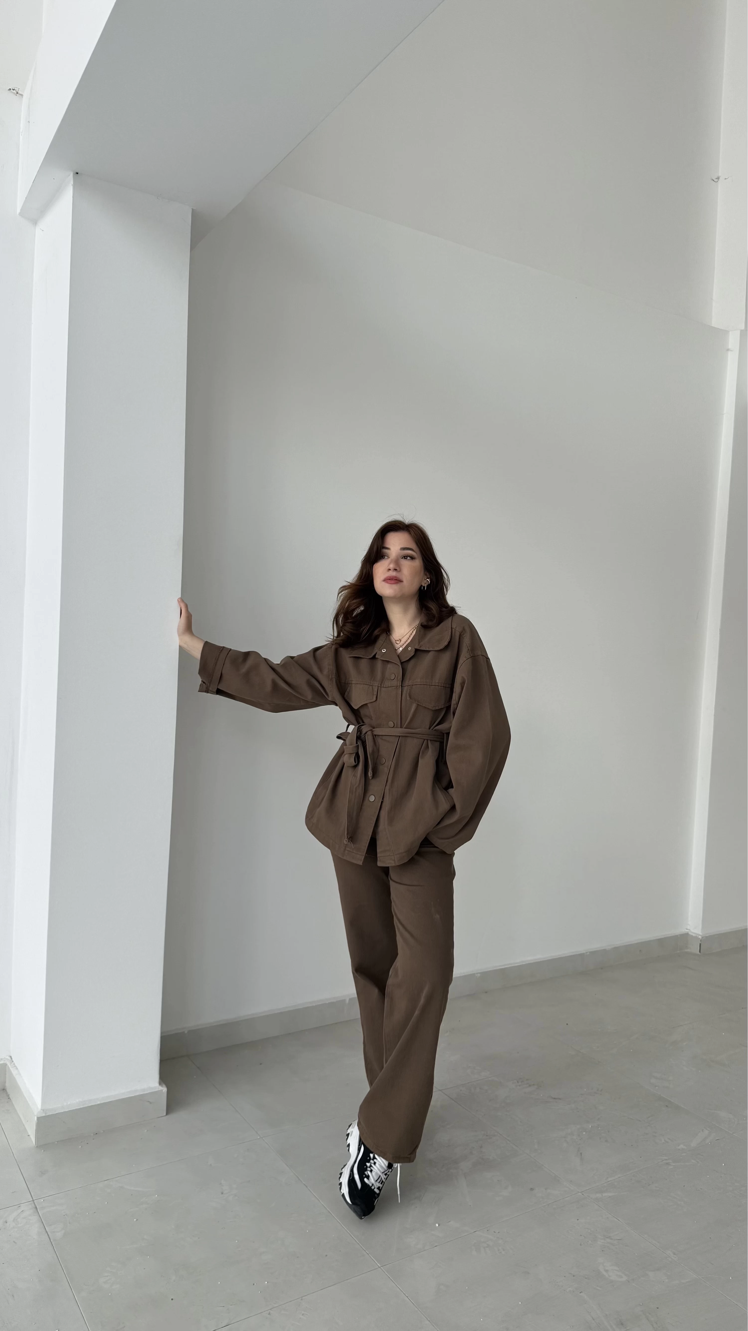 Gabardin Kuşaklı Ceket Takım - Kahve