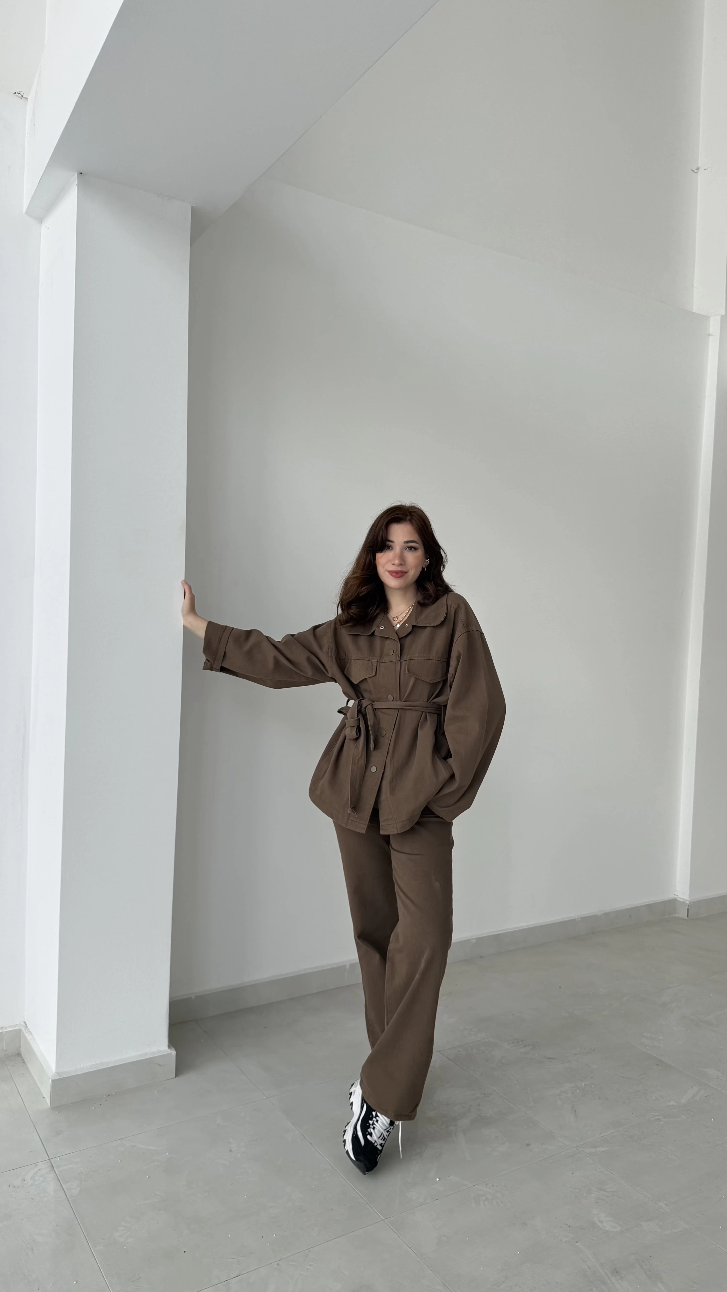 Gabardin Kuşaklı Ceket Takım - Kahve