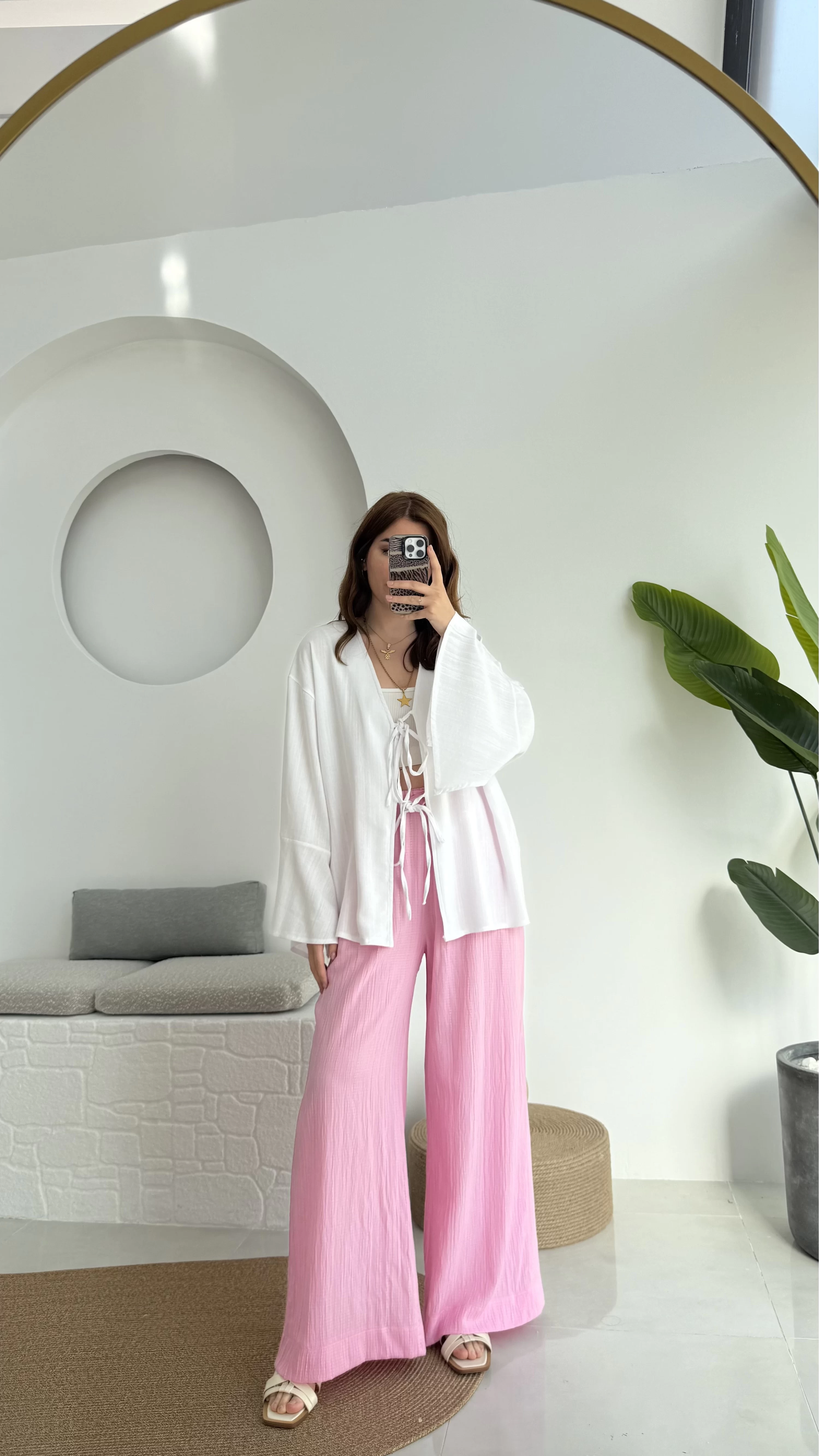 Gofre Kumaş Bağcıklı Palazzo Pantolon Pembe