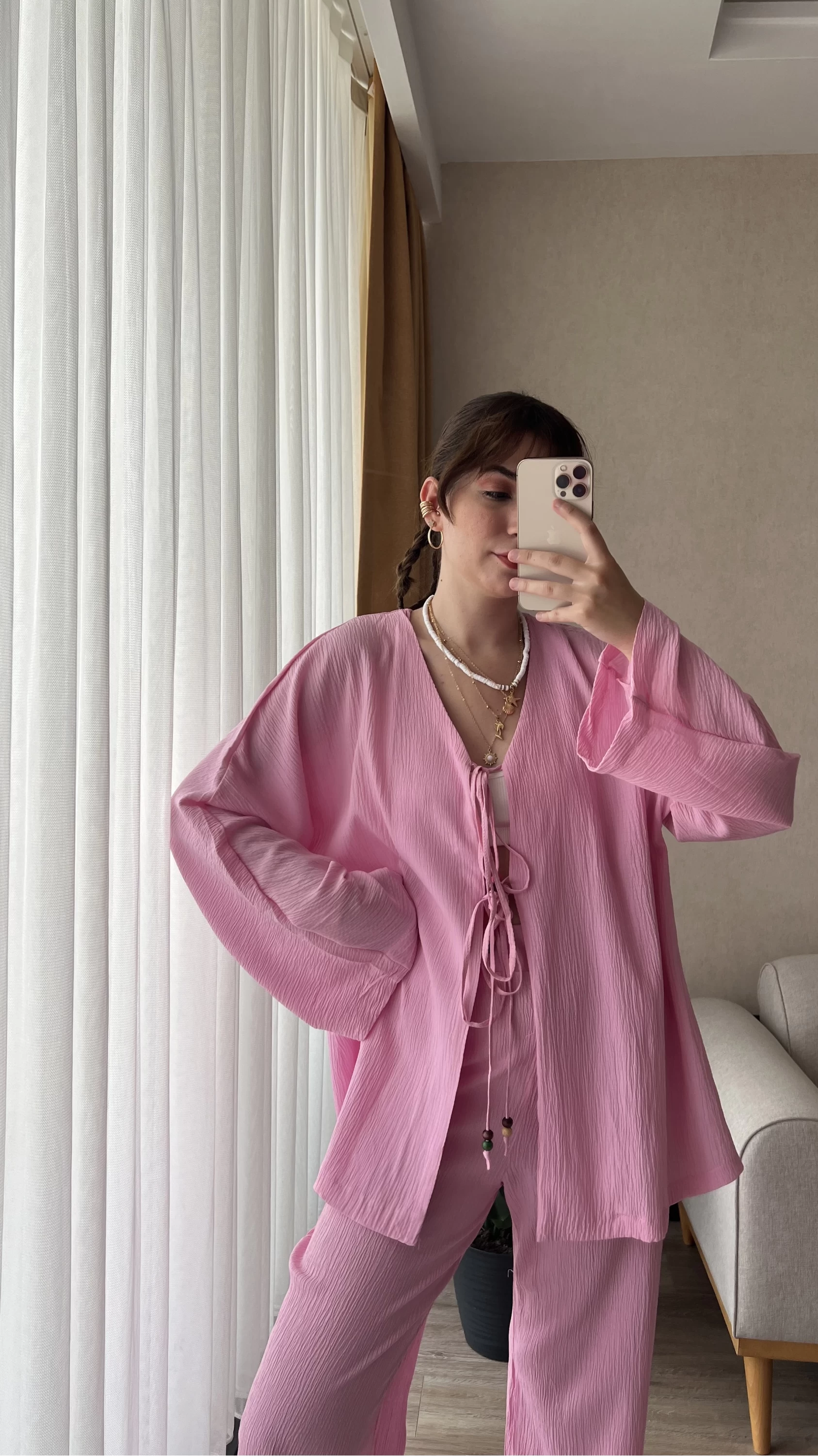 Gofre Kumaş Karışımlı Kimono Takım Pembe