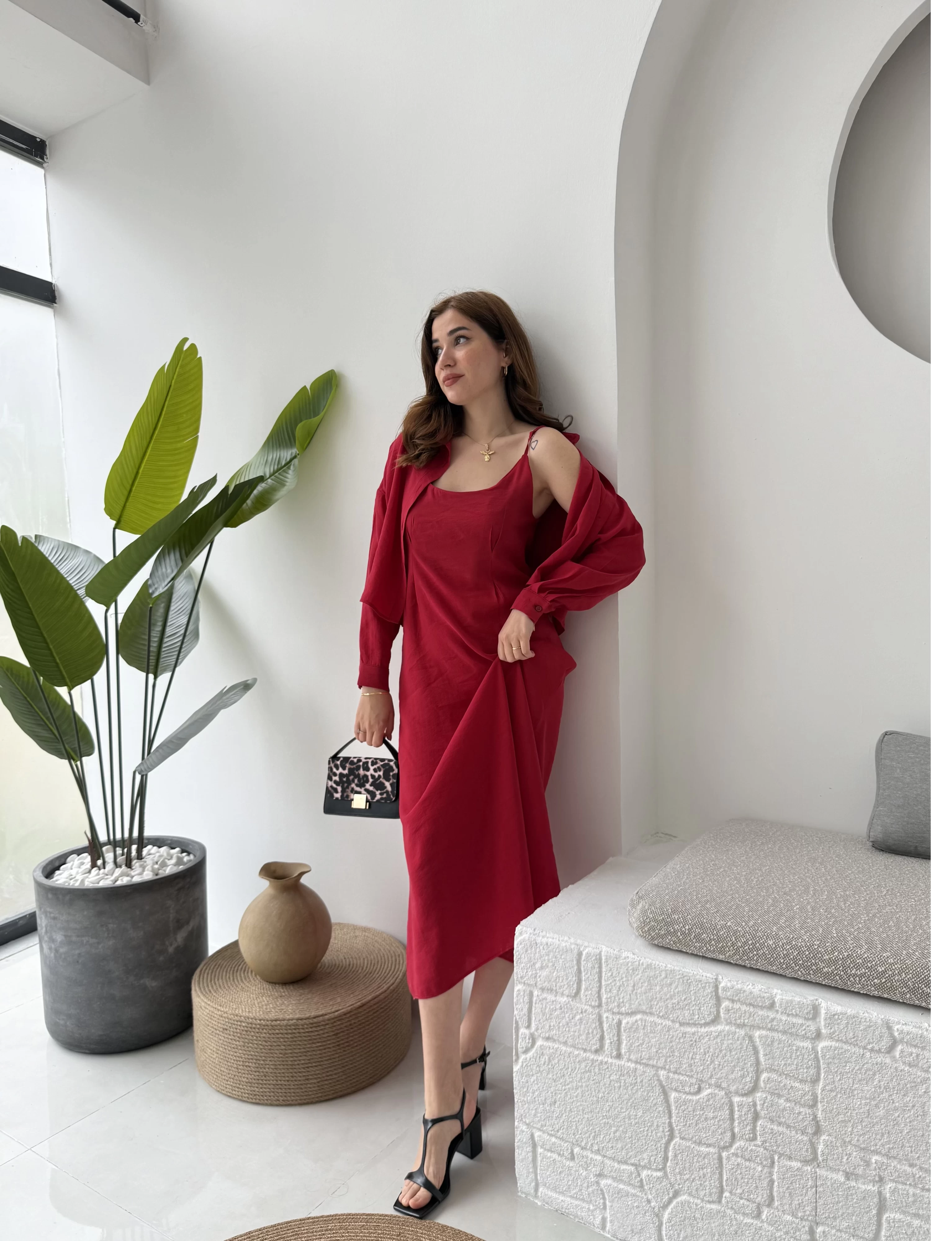 Gömlek Elbise Takım - 51153 - Kırmızı