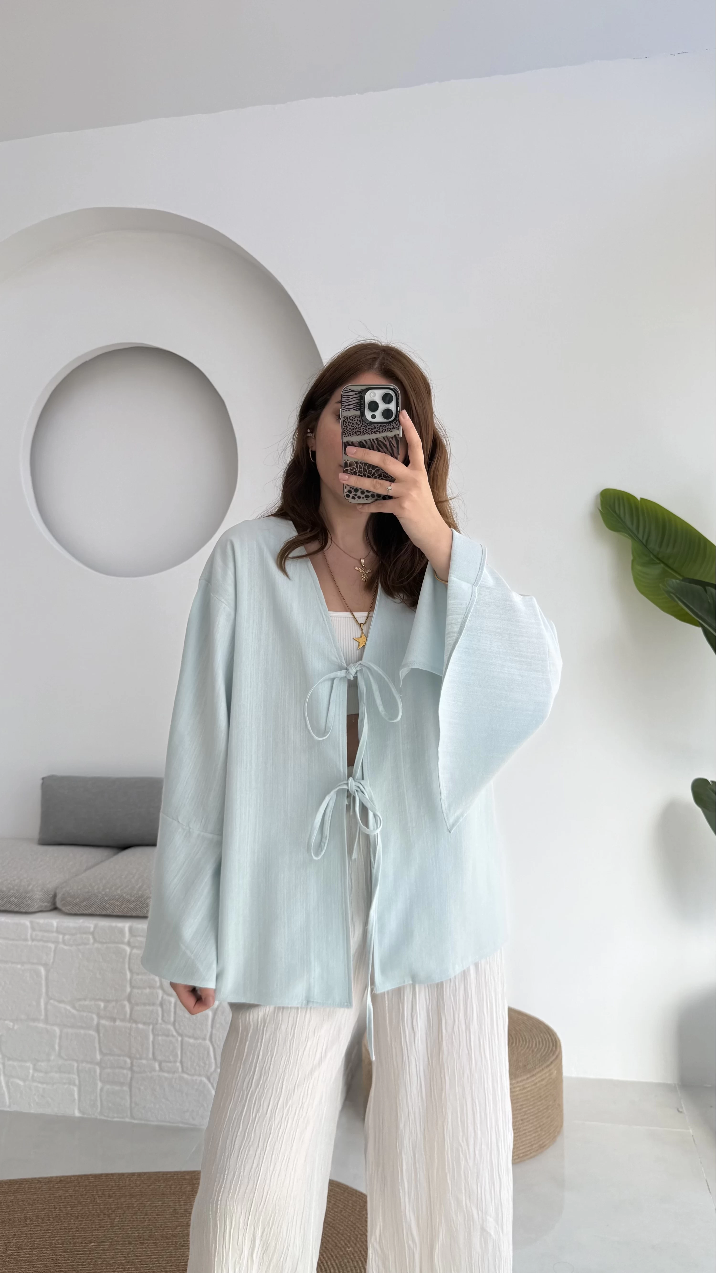 Happyi Bağlamalı Keten Bluz Bebe Mavisi