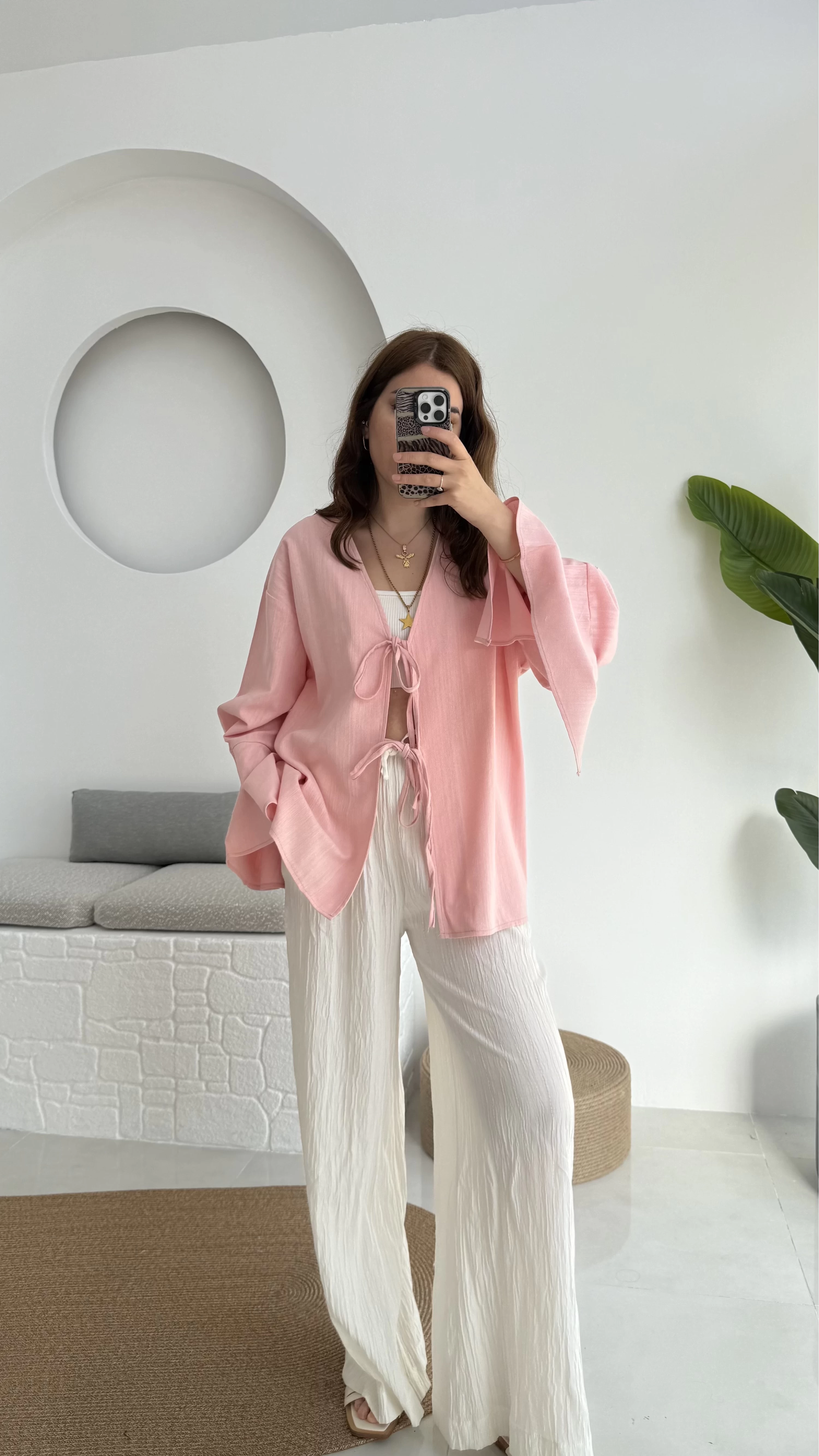 Happyi Bağlamalı Keten Bluz Pembe