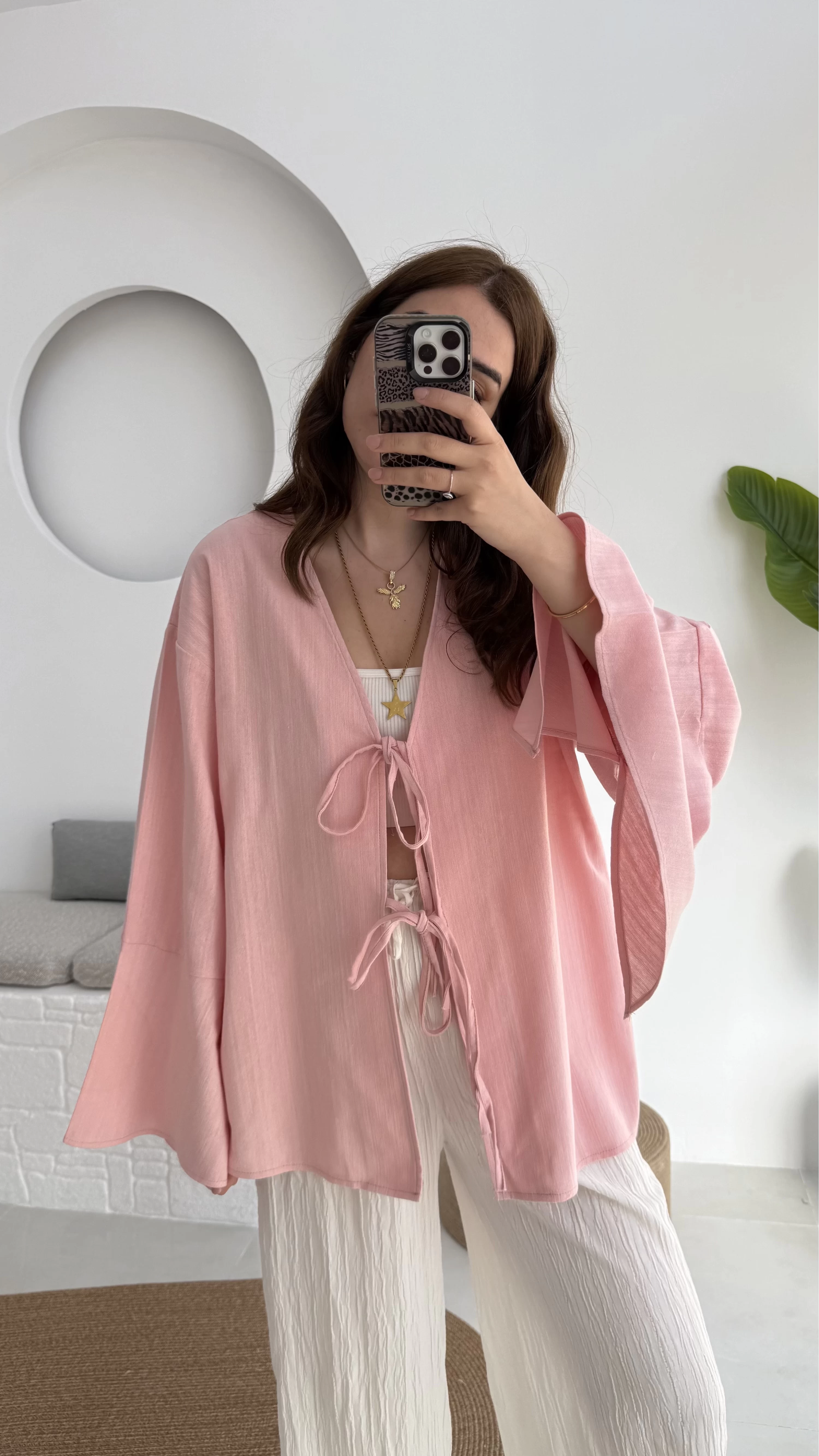 Happyi Bağlamalı Keten Bluz Pembe