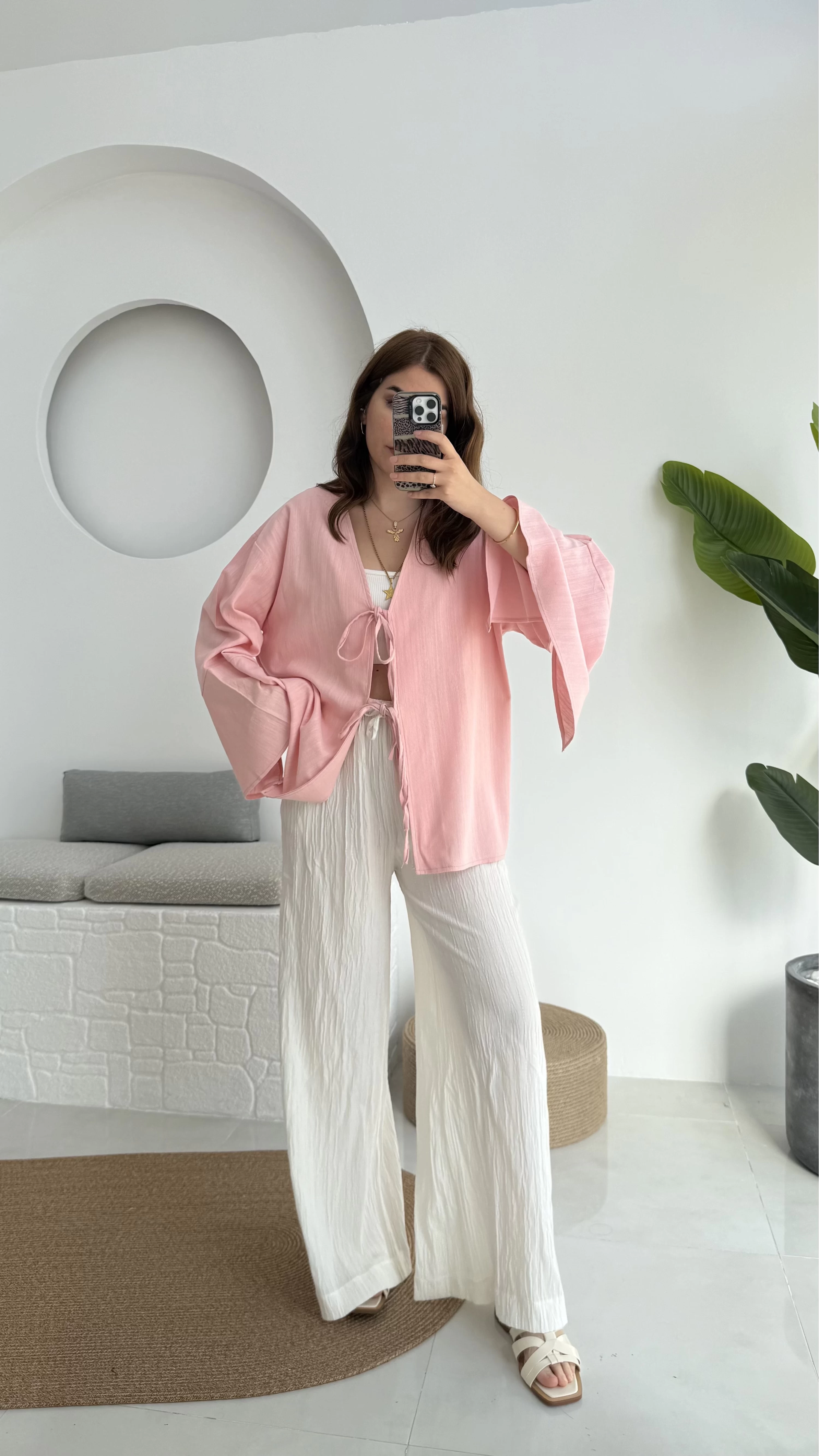 Happyi Bağlamalı Keten Bluz Pembe
