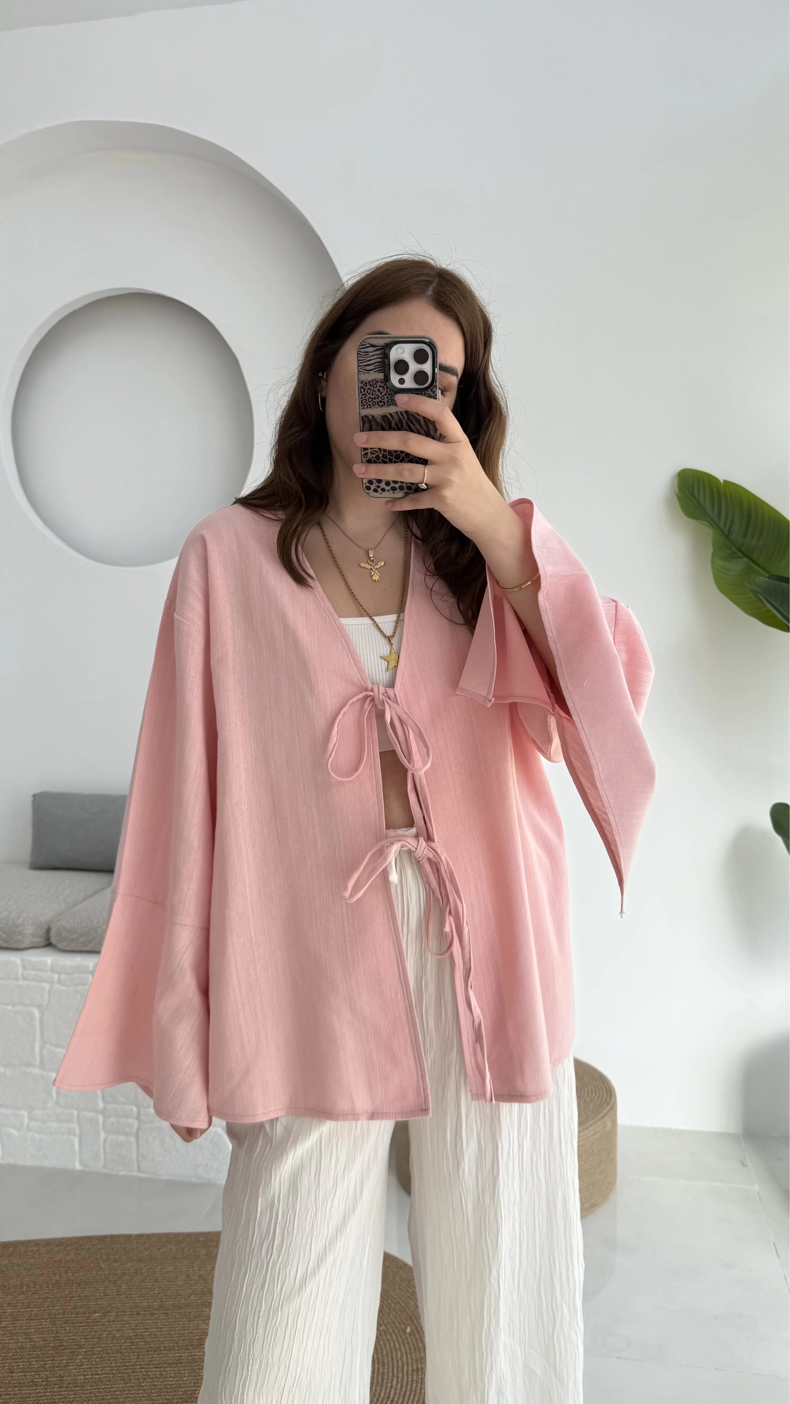 Happyi Bağlamalı Keten Bluz Pembe