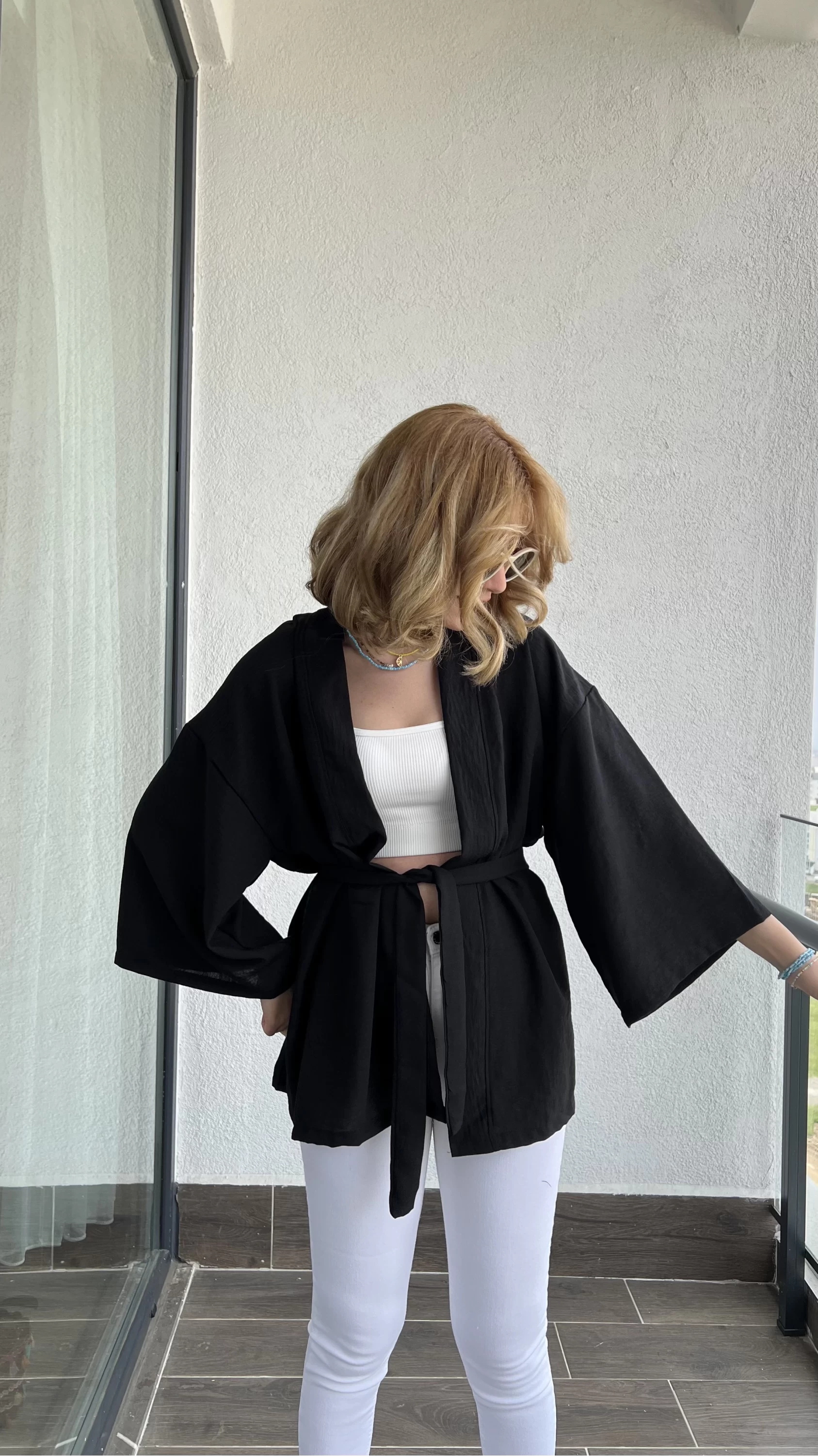 Harmony Keten Siyah Kuşaklı Kimono