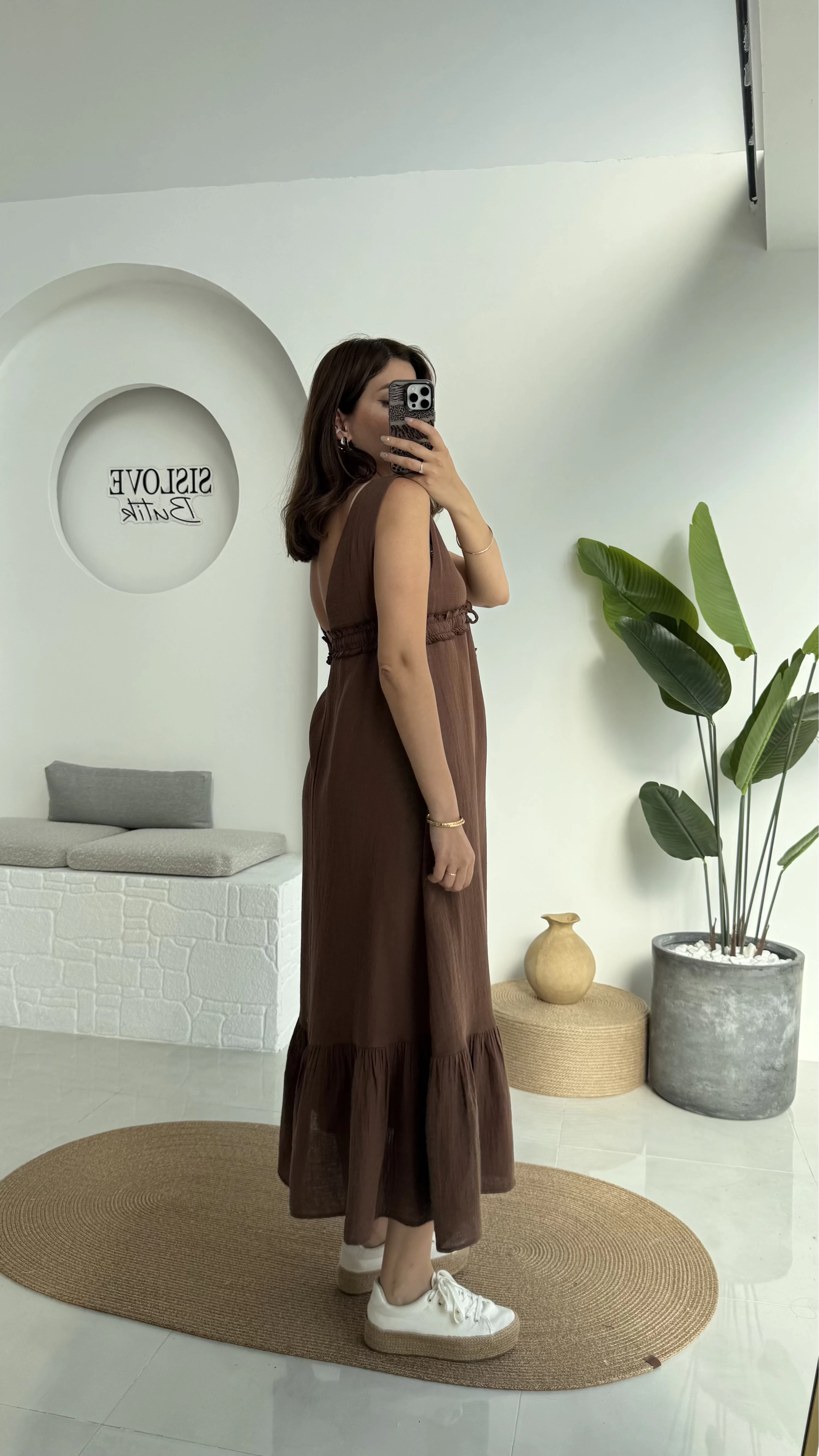 Hazel V Yaka Elbise - 3043 - Kahve