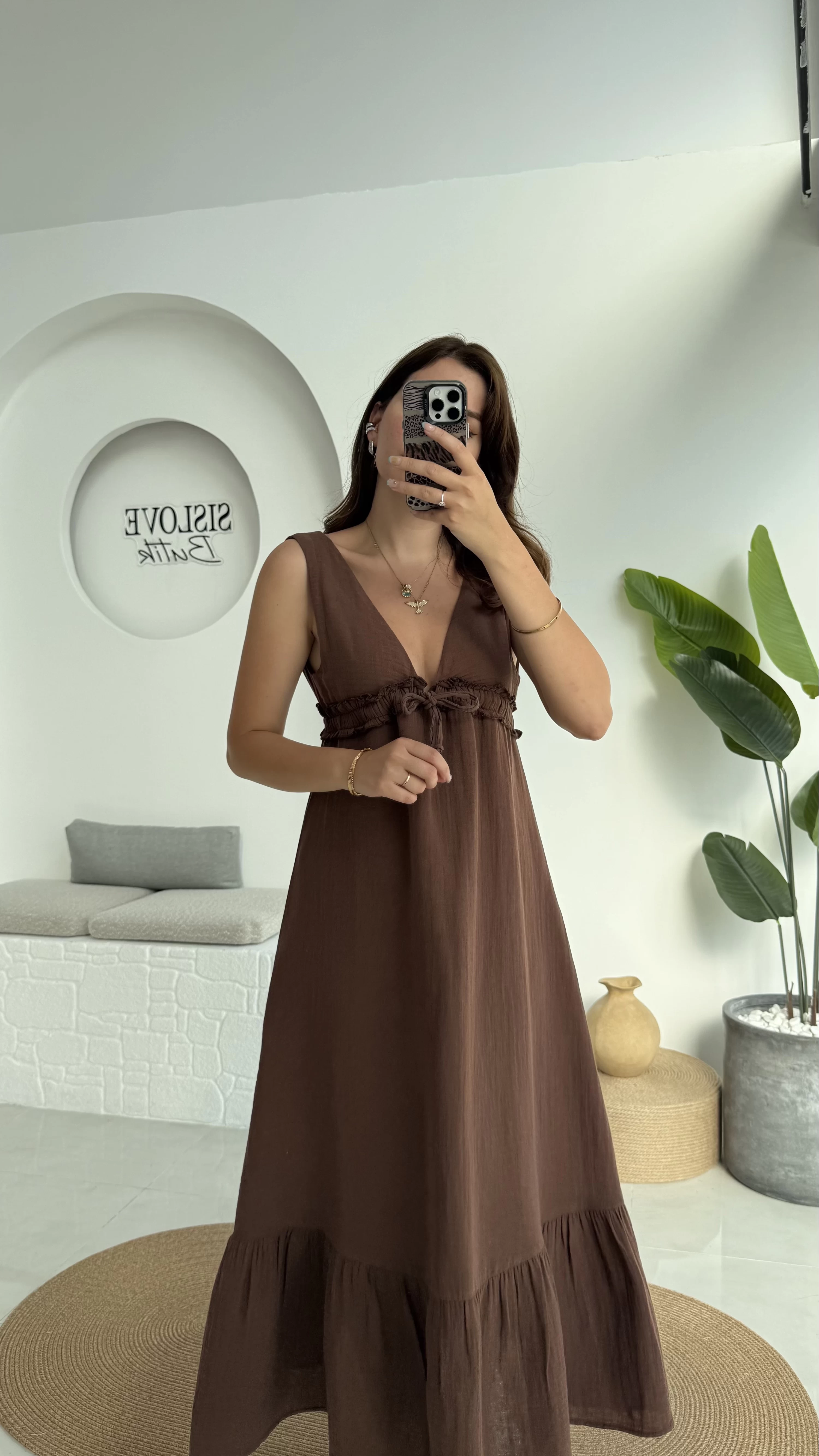 Hazel V Yaka Elbise - 3043 - Kahve