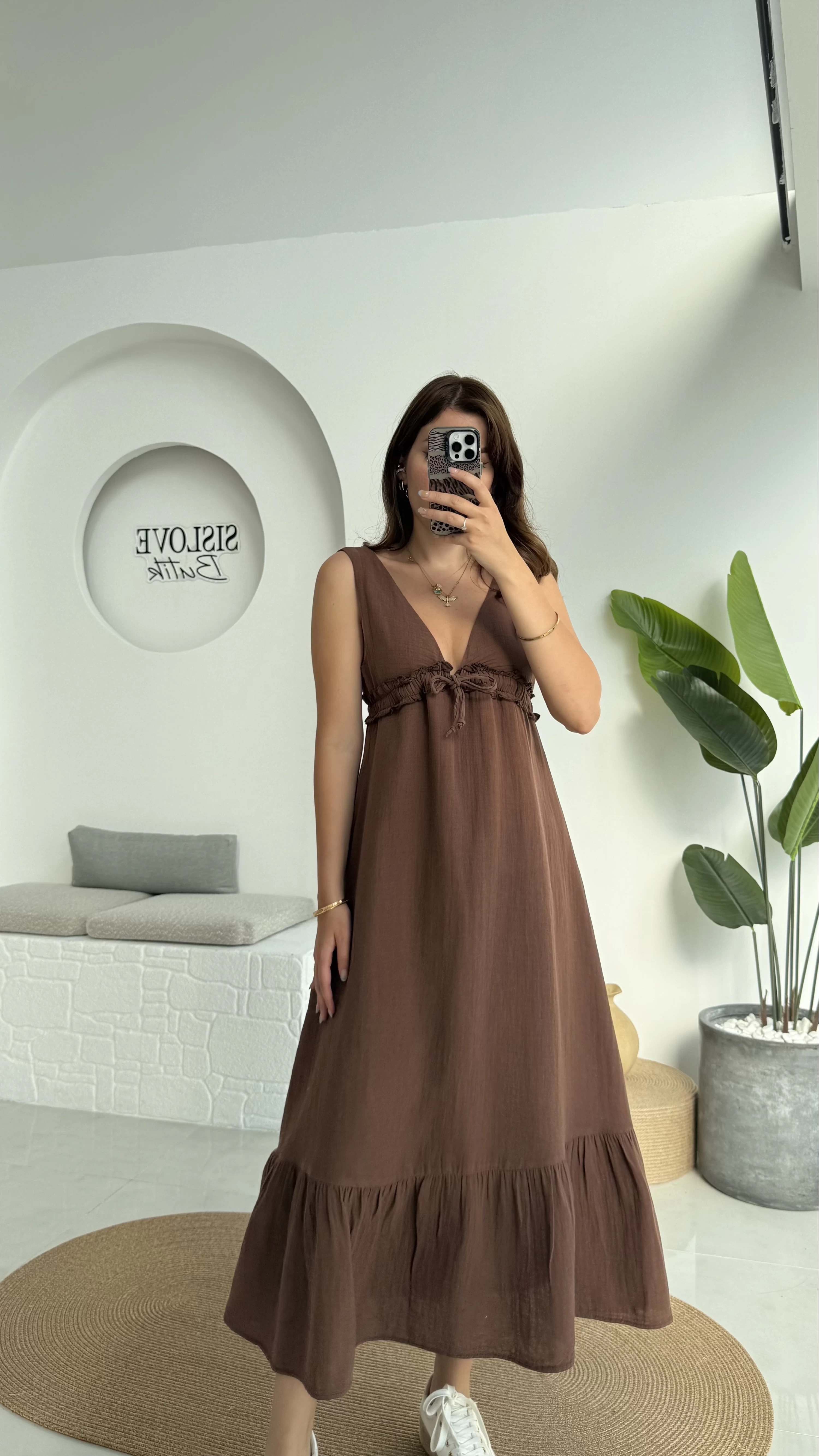 Hazel V Yaka Elbise - 3043 - Kahve
