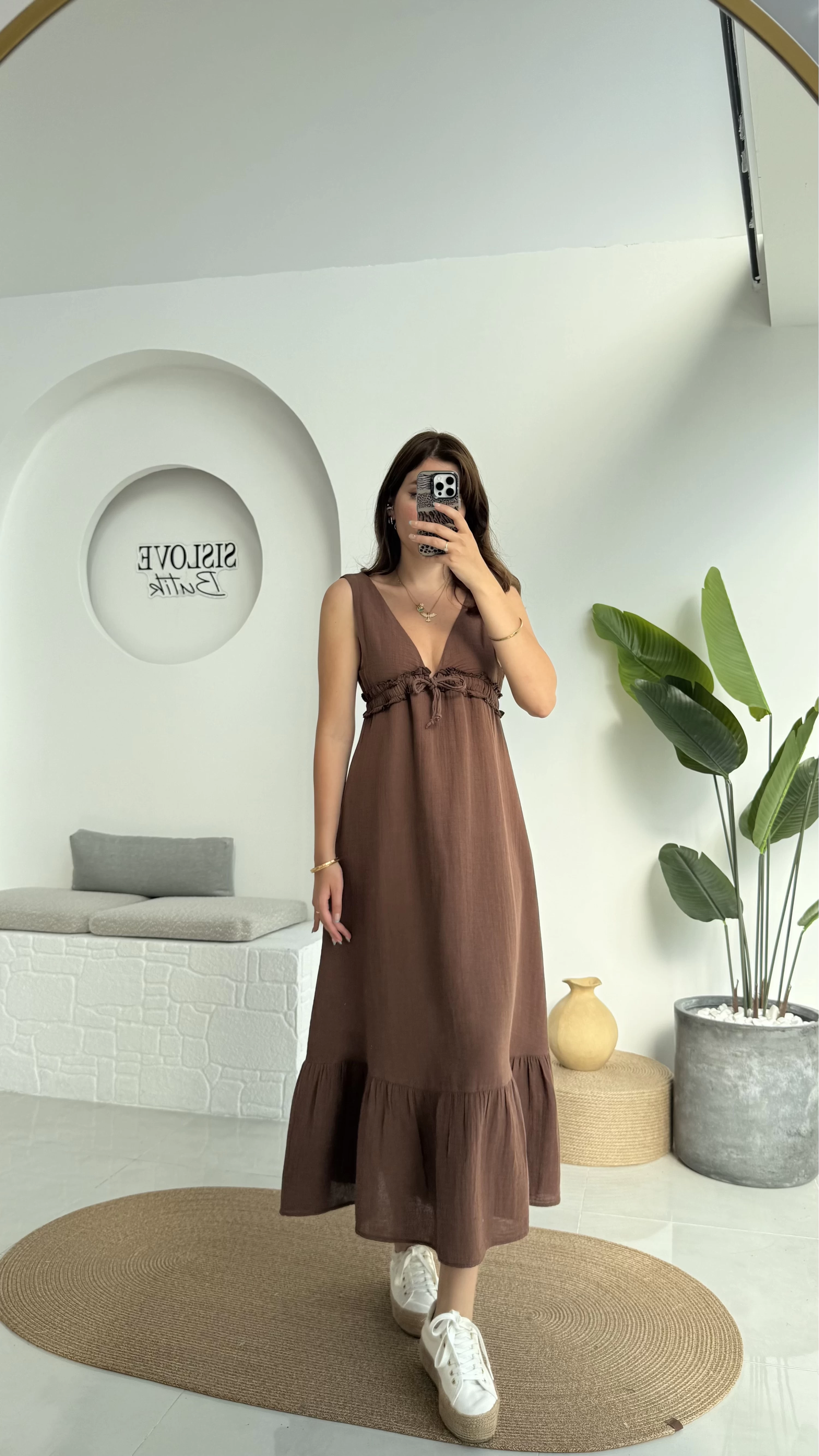 Hazel V Yaka Elbise - 3043 - Kahve