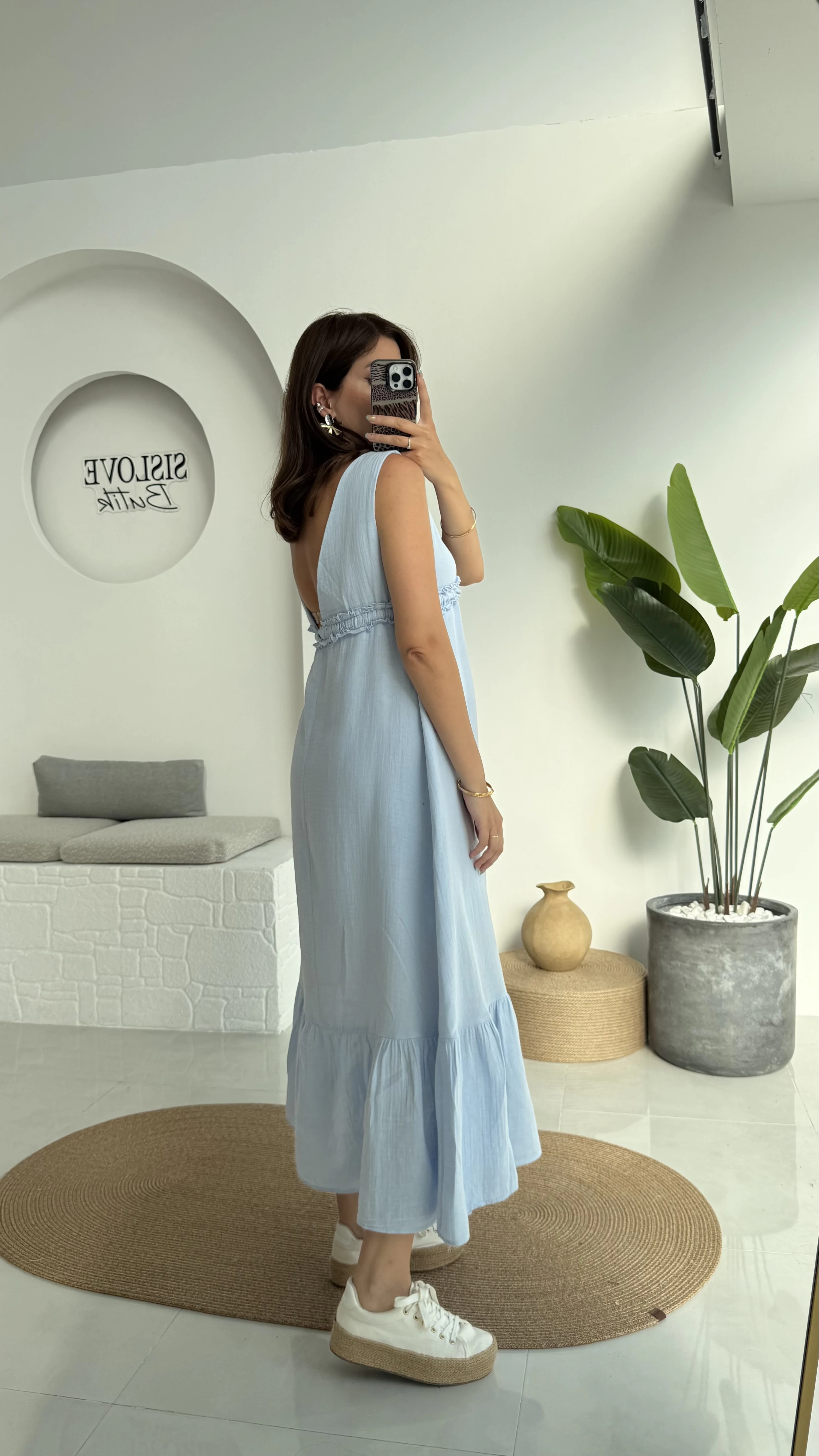 Hazel V Yaka Elbise - 3043 - Mavi