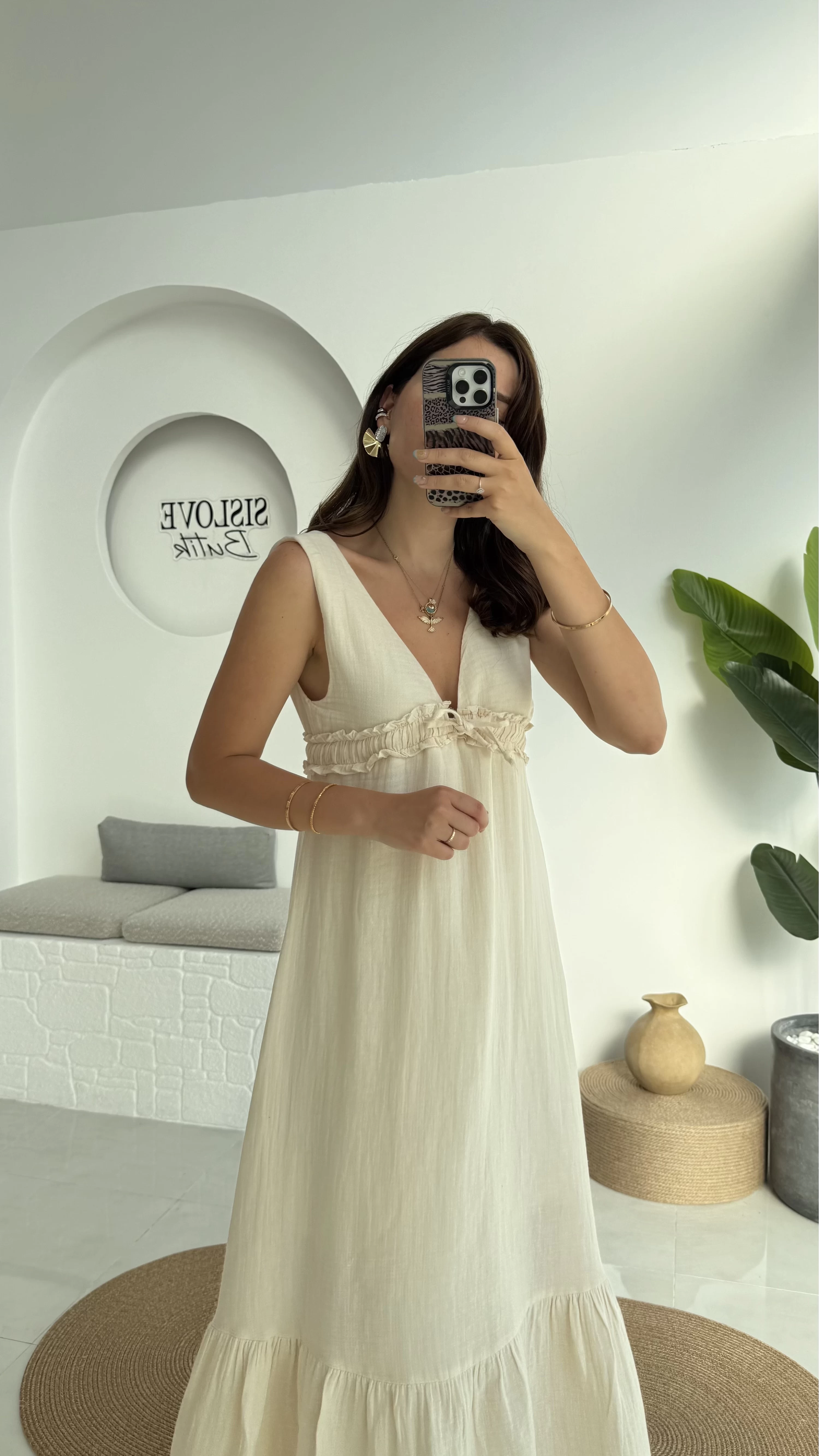 Hazel V Yaka Elbise - 3043 - Taş