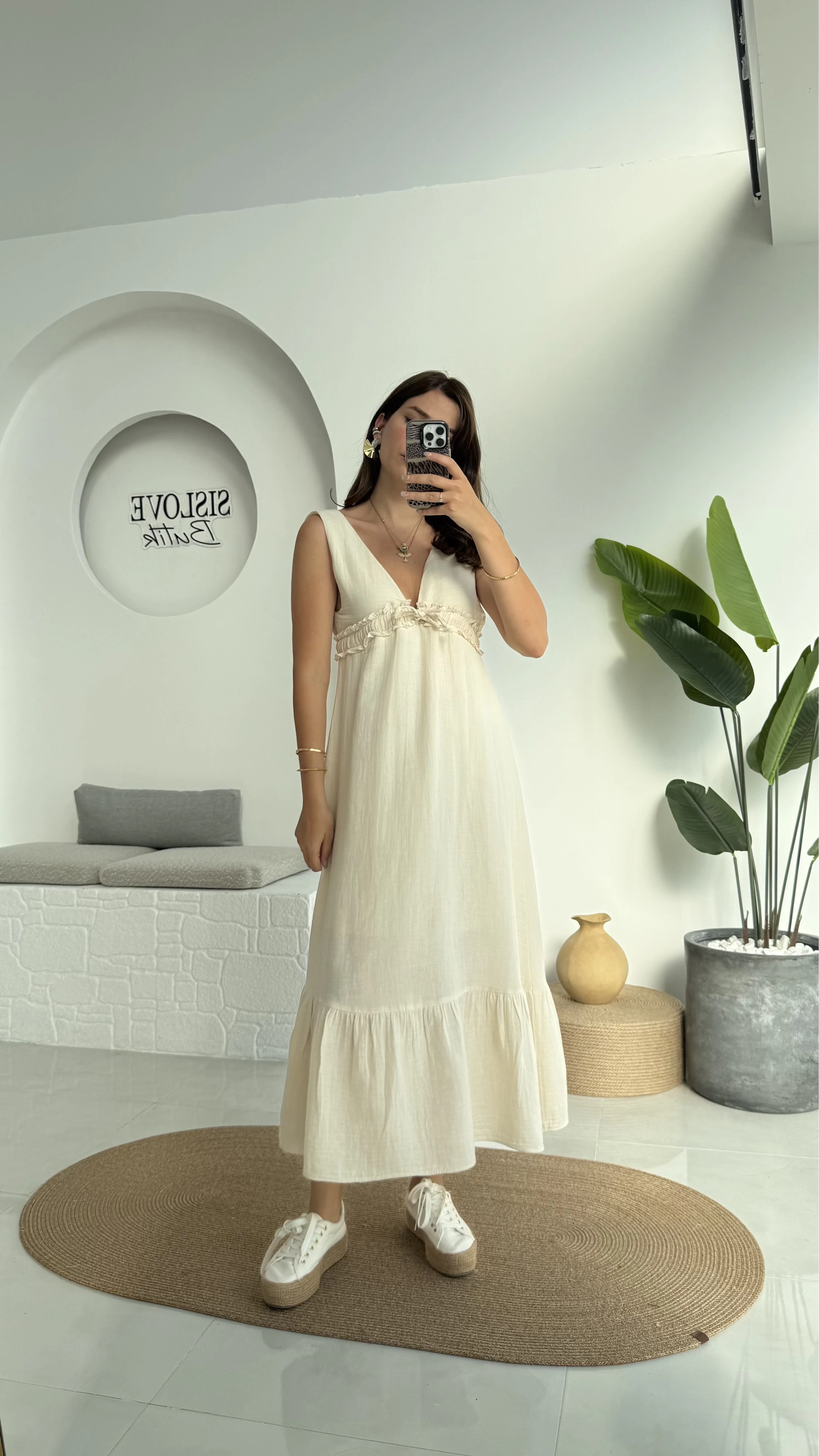 Hazel V Yaka Elbise - 3043 - Taş