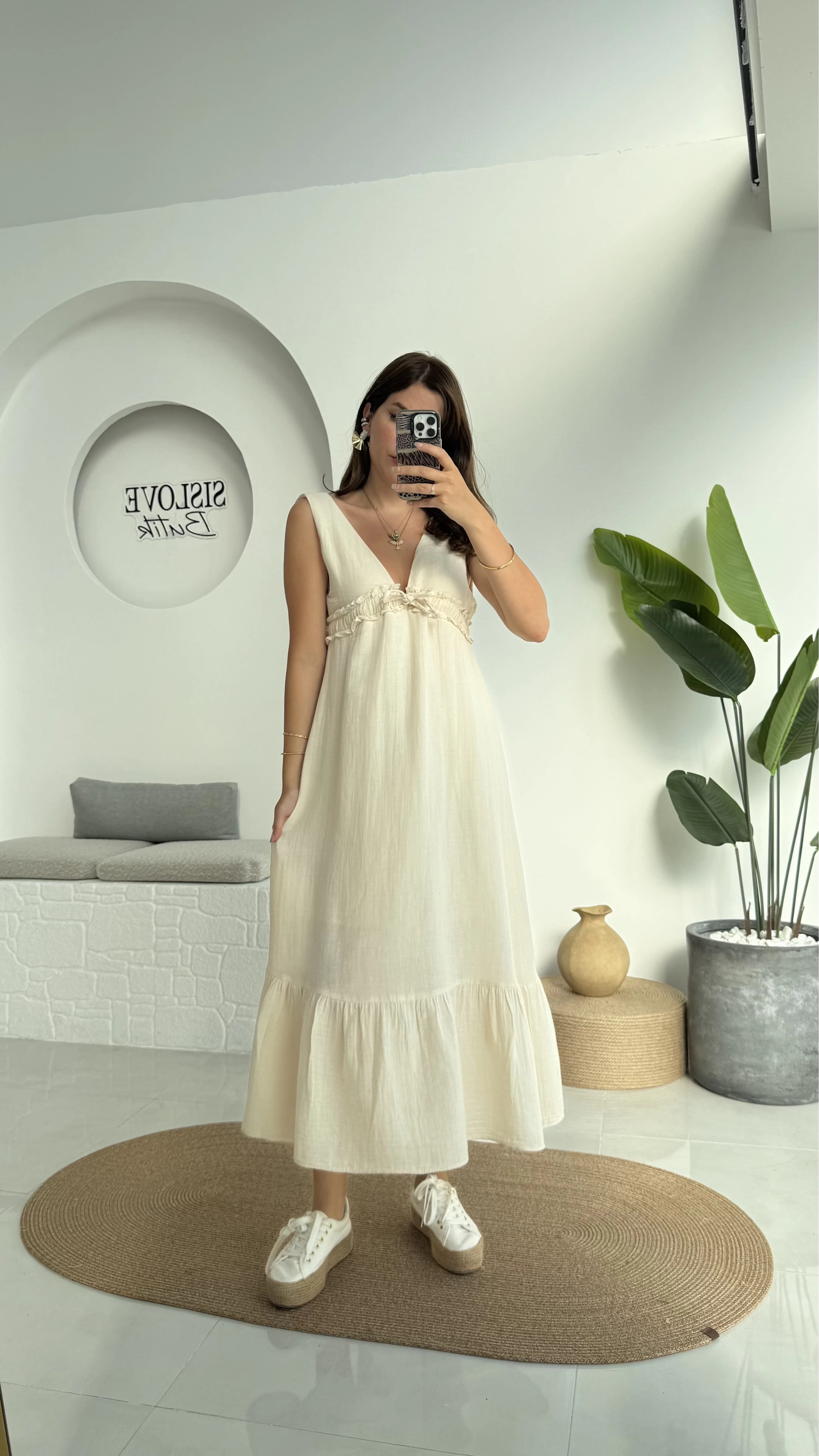 Hazel V Yaka Elbise - 3043 - Taş