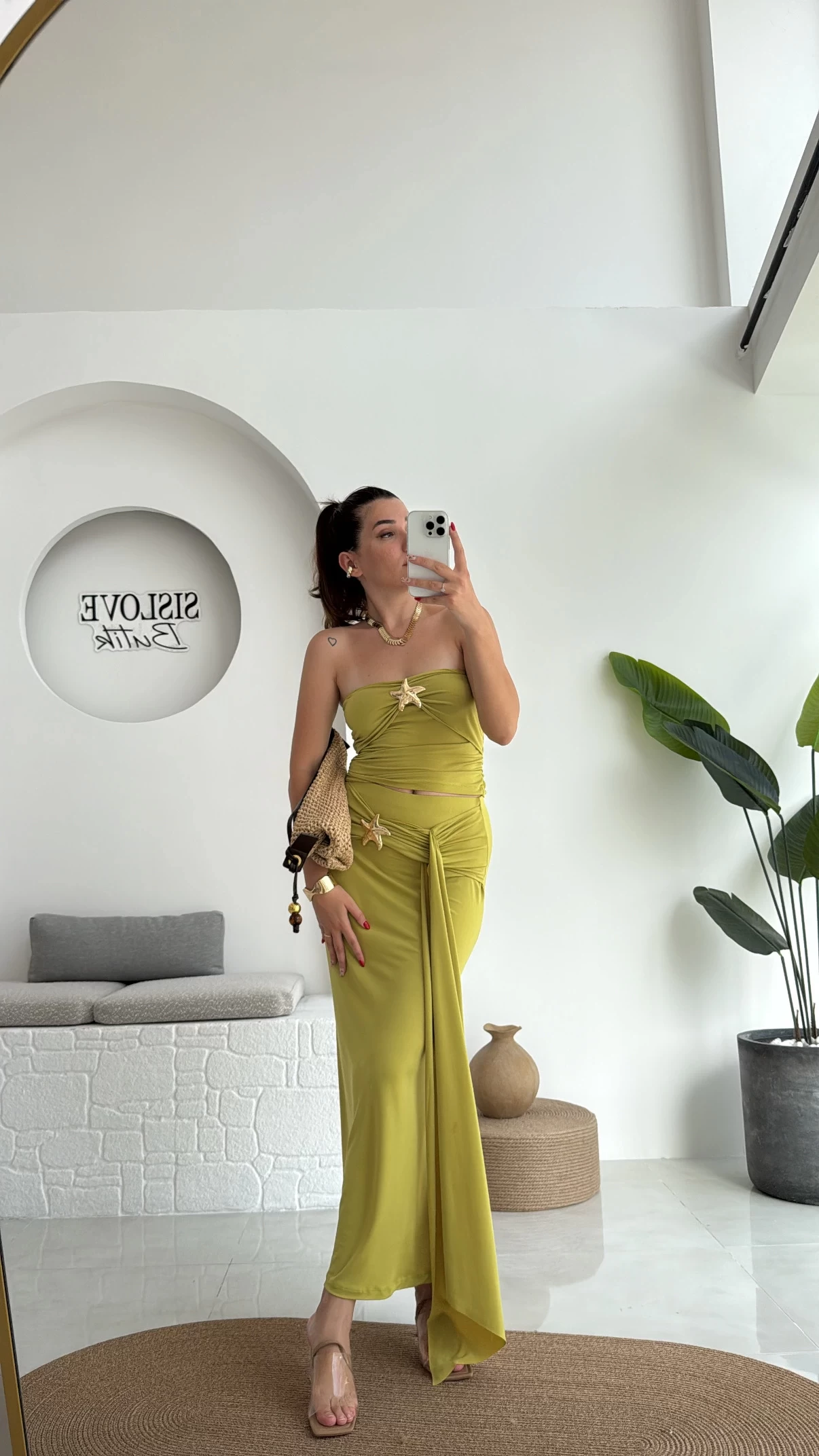 Hilda Deniz Yıldızı Detaylı Straplez Bluz Etek Takım - Yağ Yeşili - 0510
