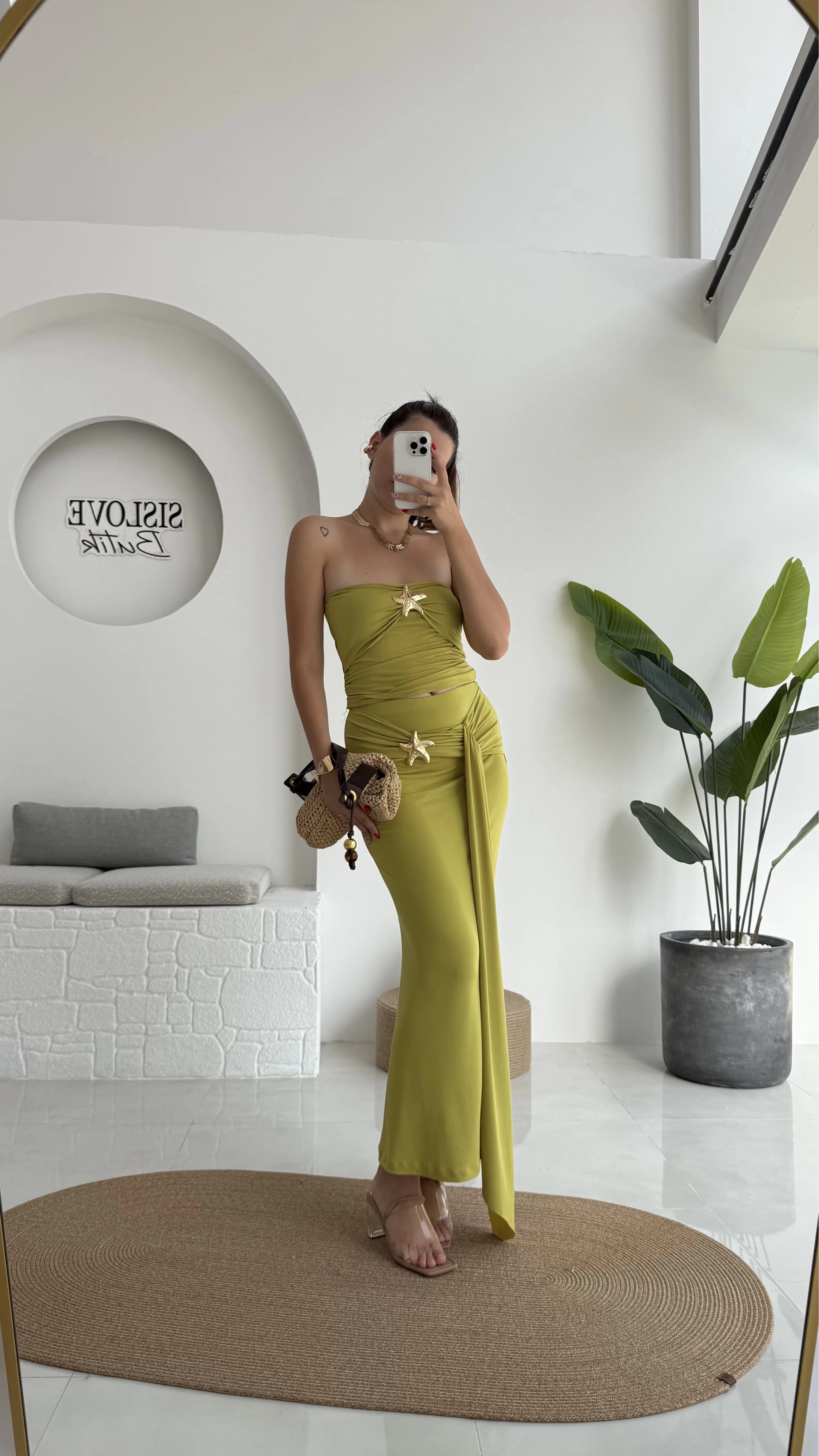 Hilda Deniz Yıldızı Detaylı Straplez Bluz Etek Takım - Yağ Yeşili - 0510
