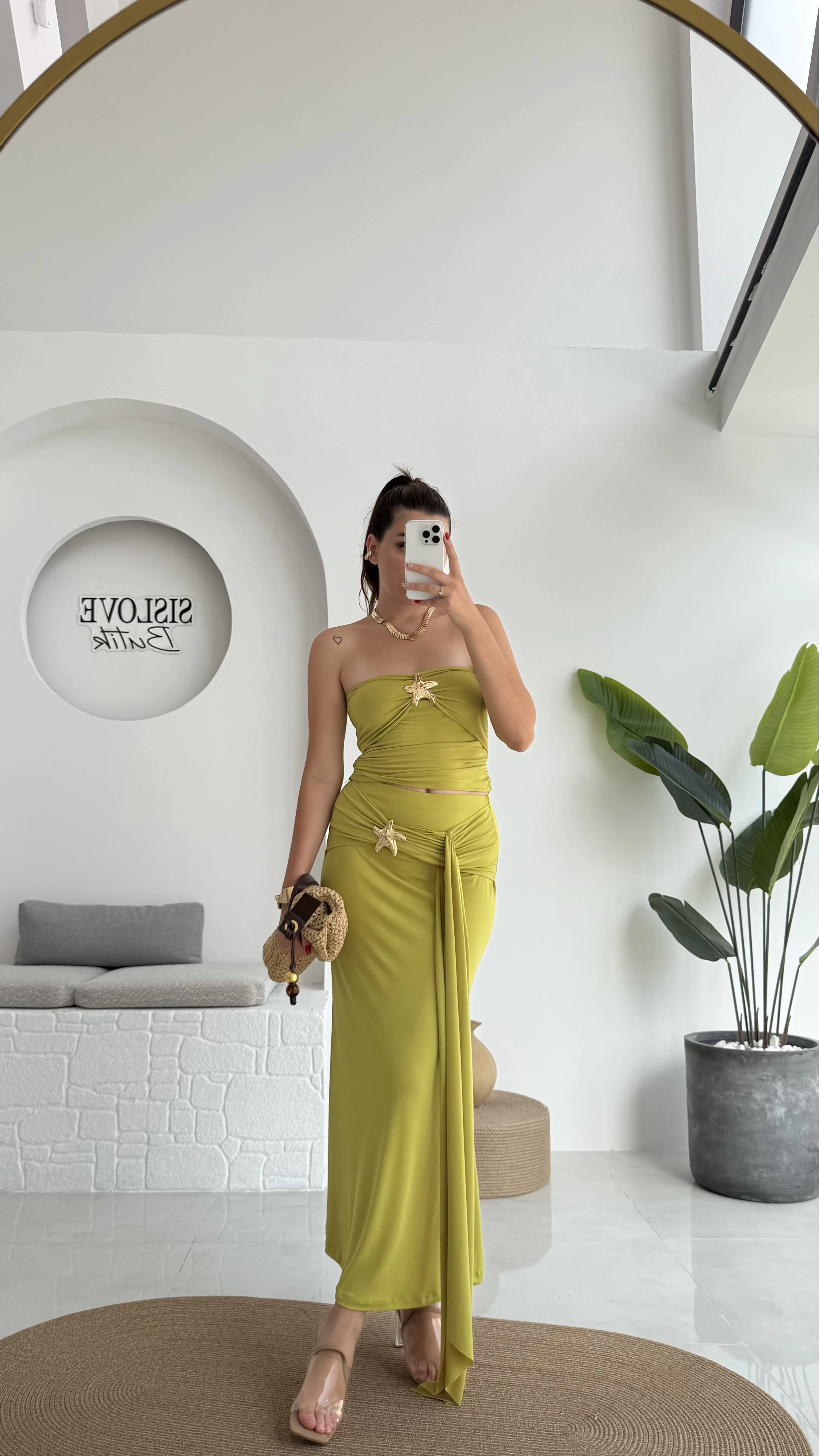 Hilda Deniz Yıldızı Detaylı Straplez Bluz Etek Takım - Yağ Yeşili - 0510