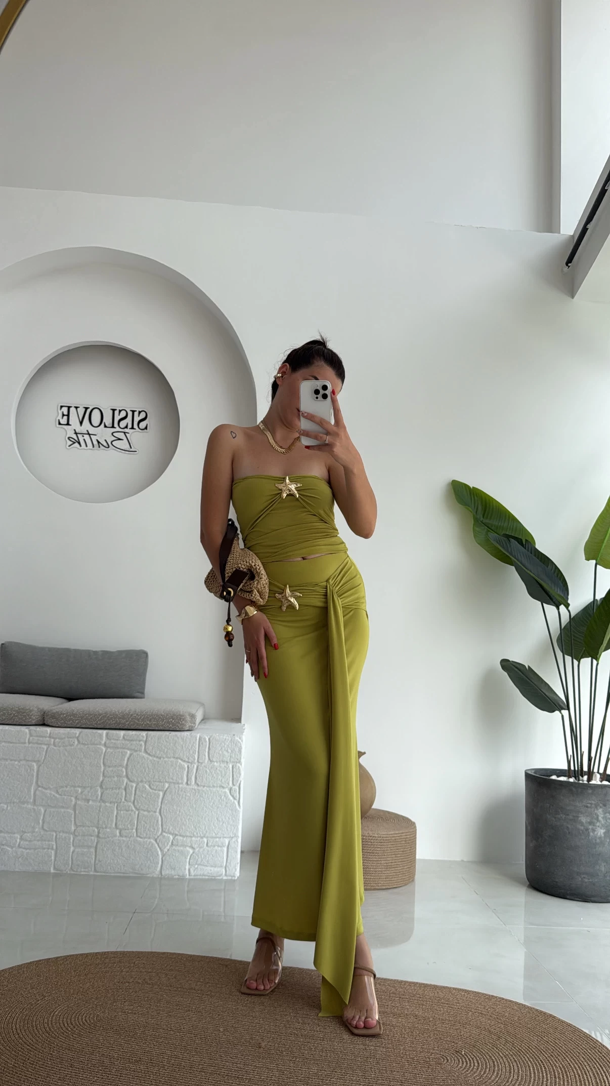 Hilda Deniz Yıldızı Detaylı Straplez Bluz Etek Takım - Yağ Yeşili - 0510