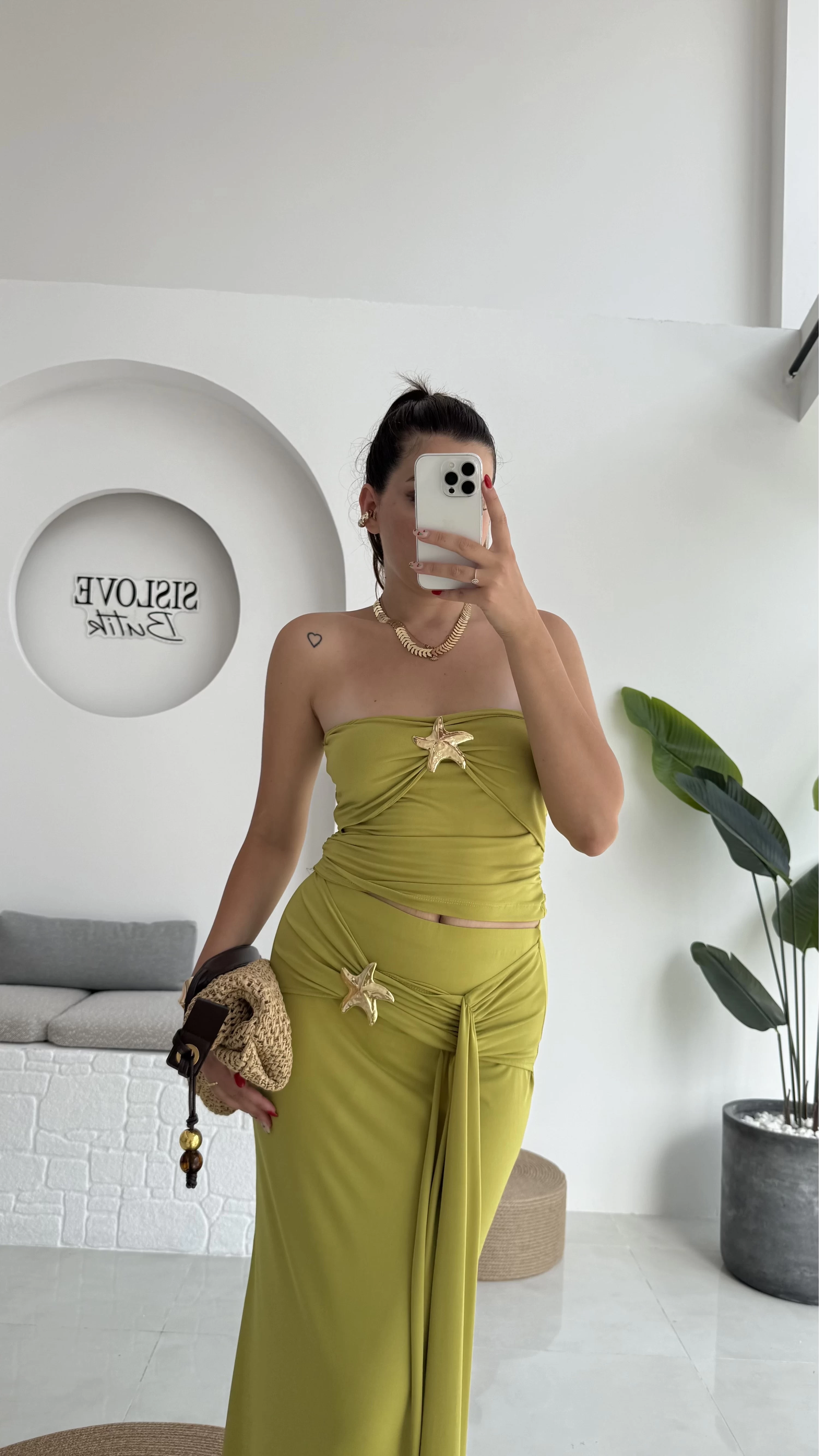Hilda Deniz Yıldızı Detaylı Straplez Bluz Etek Takım - Yağ Yeşili - 0510