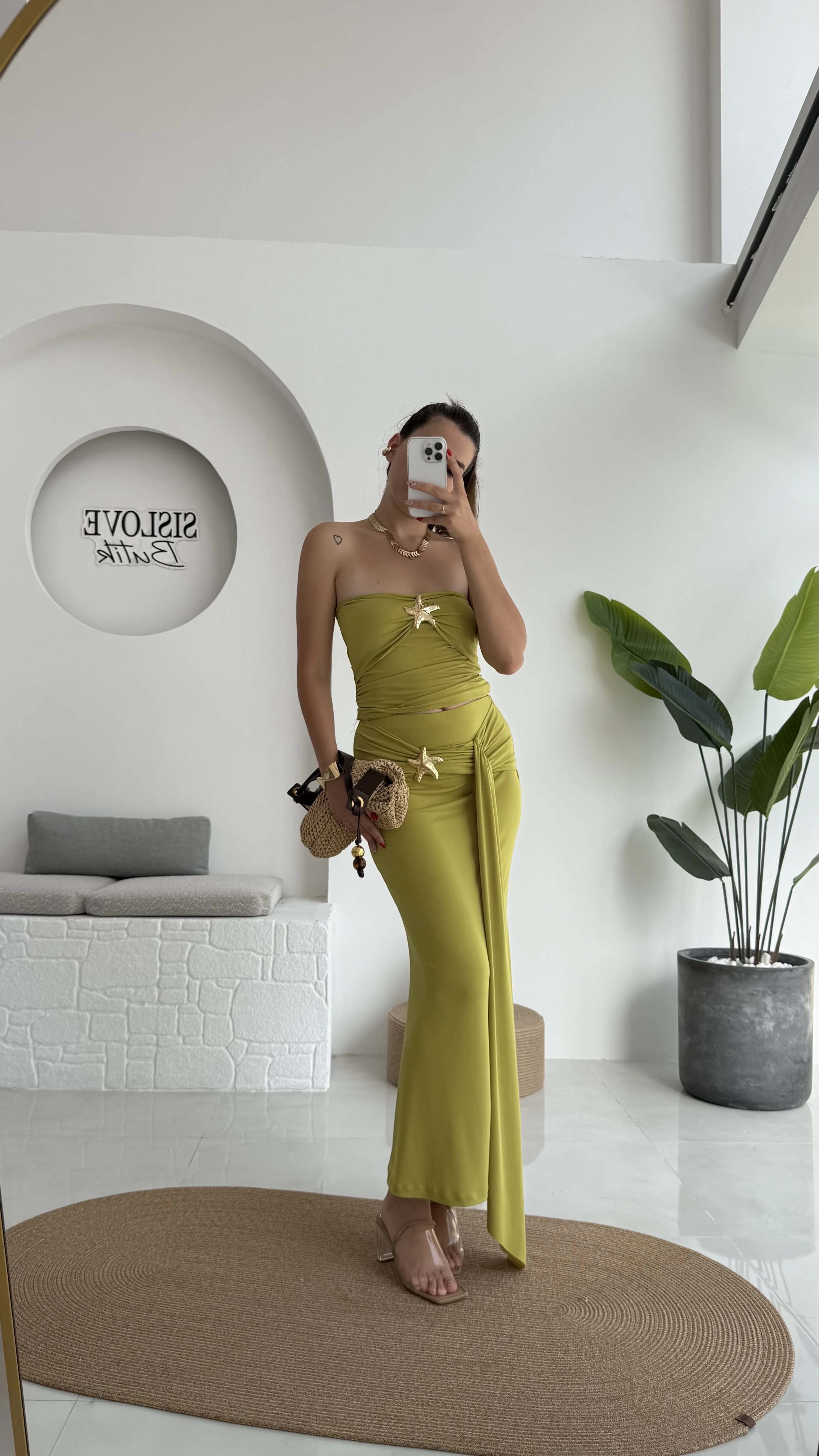 Hilda Deniz Yıldızı Detaylı Straplez Bluz Etek Takım - Yağ Yeşili - 0510