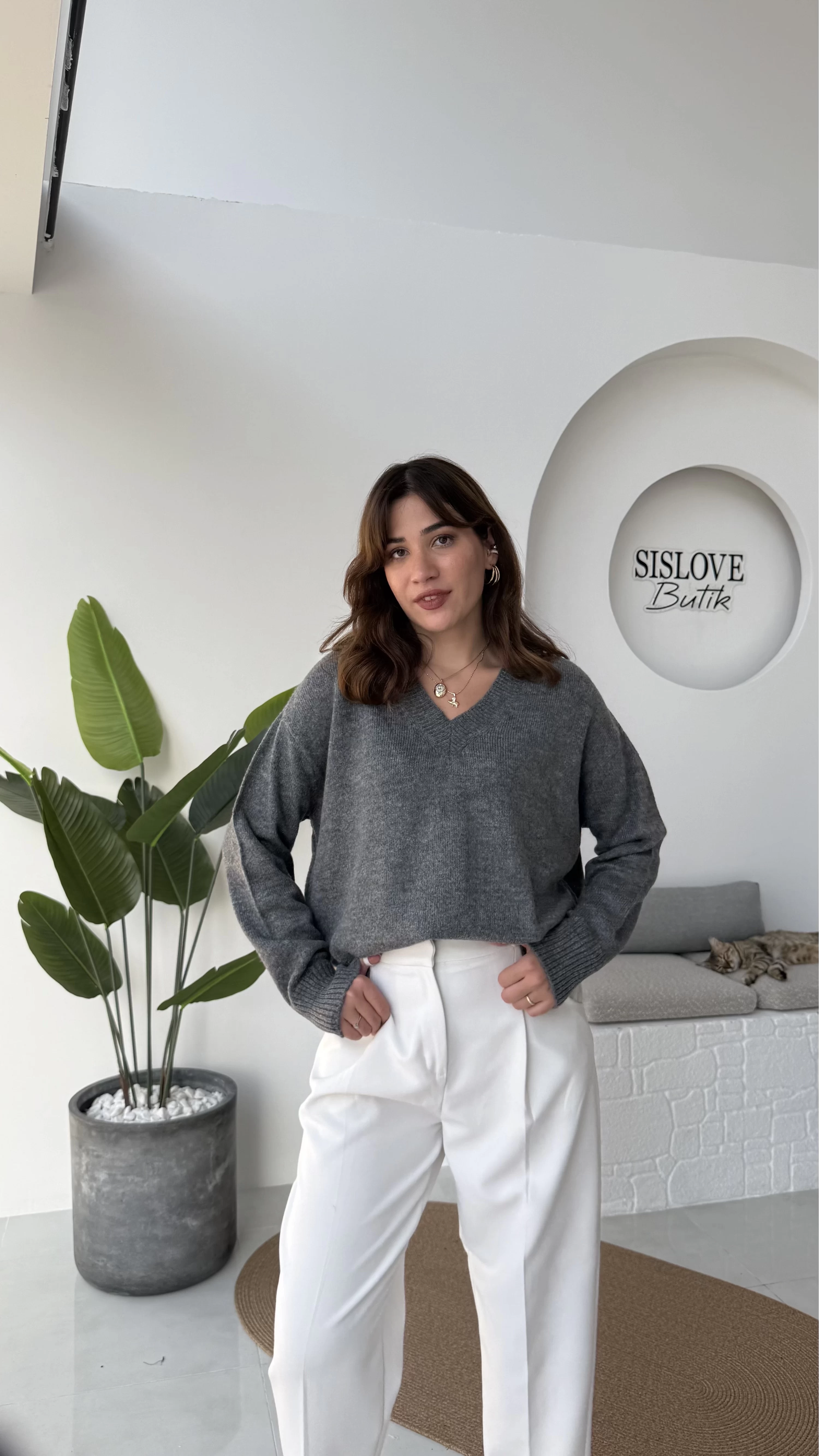 İsabella V Yaka Kazak - Antrasit