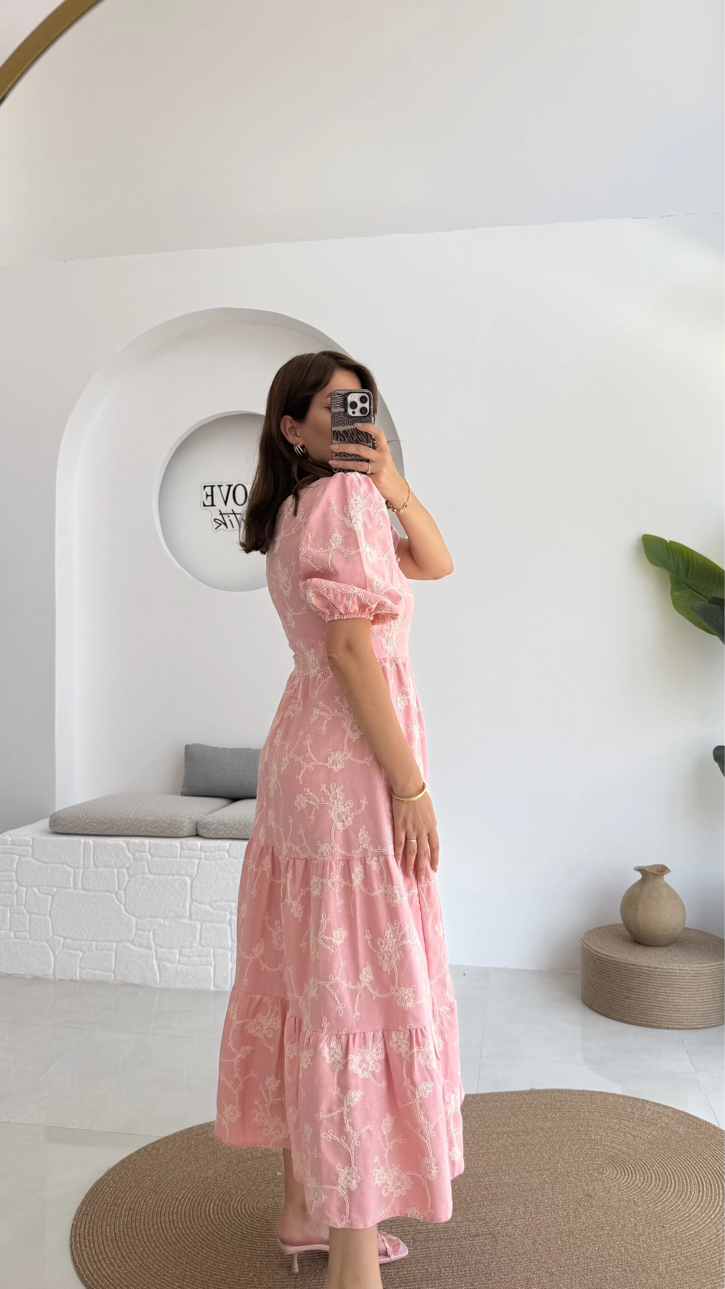 İşlemeli Mary Pembe Elbise - 8976