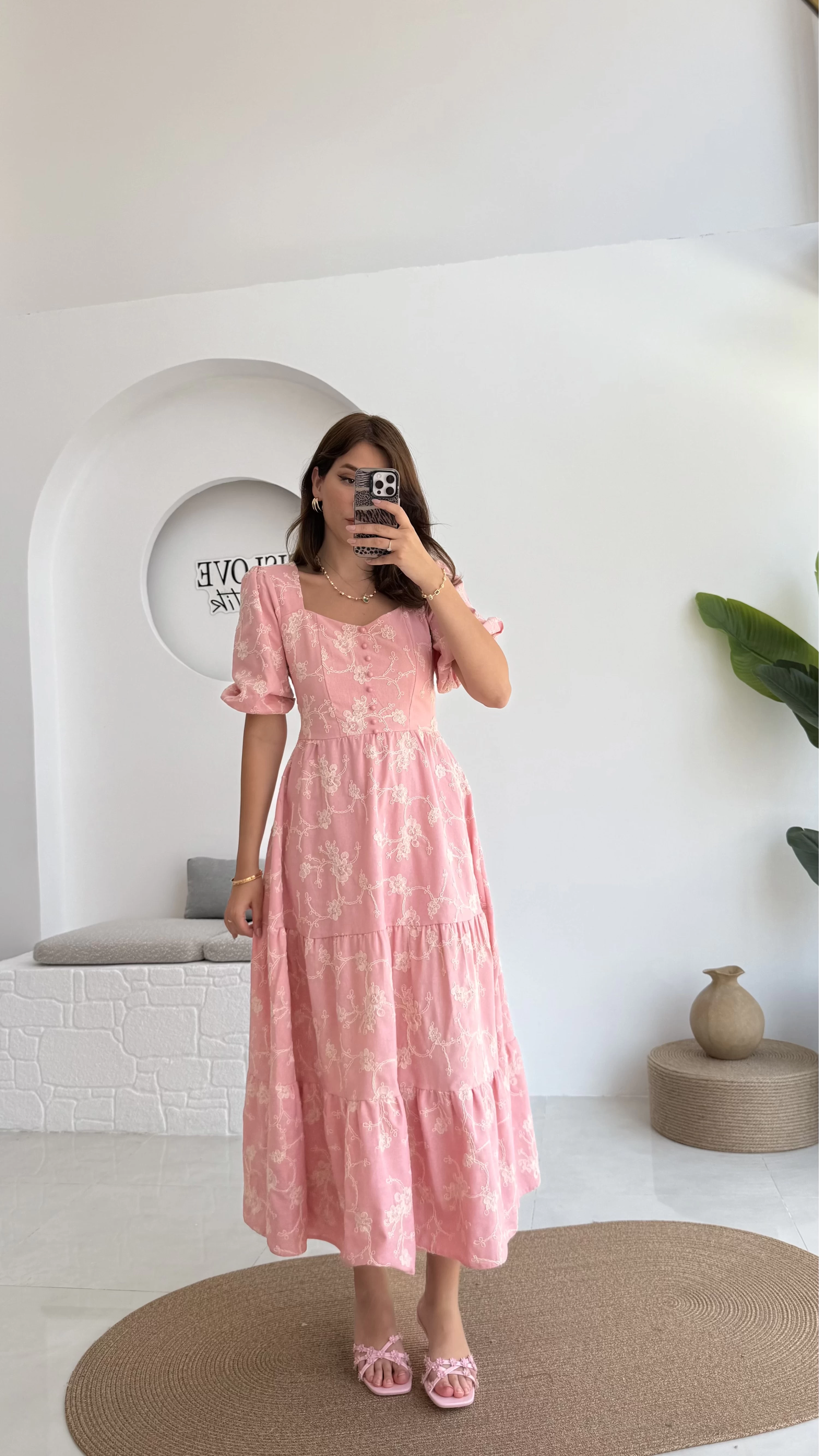 İşlemeli Mary Pembe Elbise - 8976
