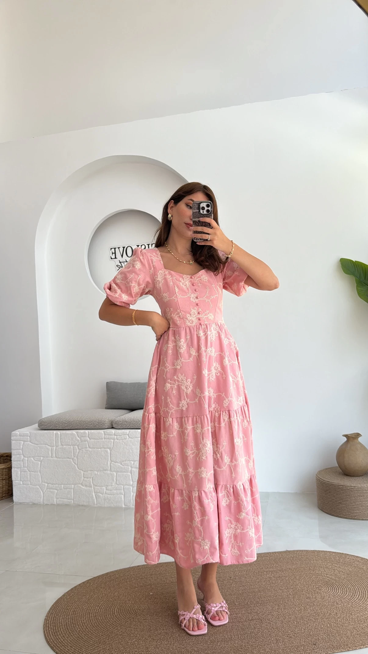 İşlemeli Mary Pembe Elbise - 8976