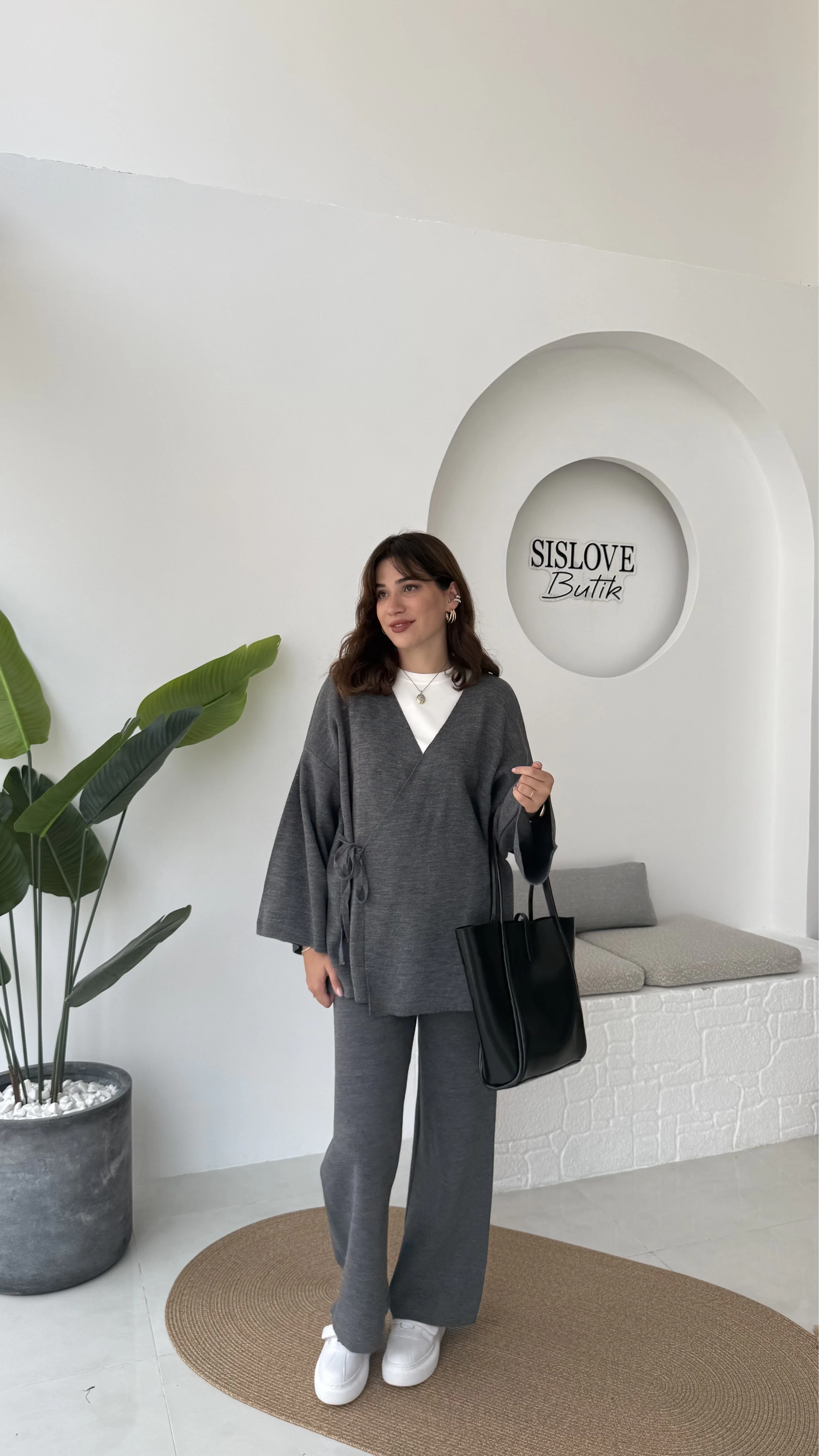 Jenny Bağlamalı Triko Takım - Antrasit - Kod: 7206