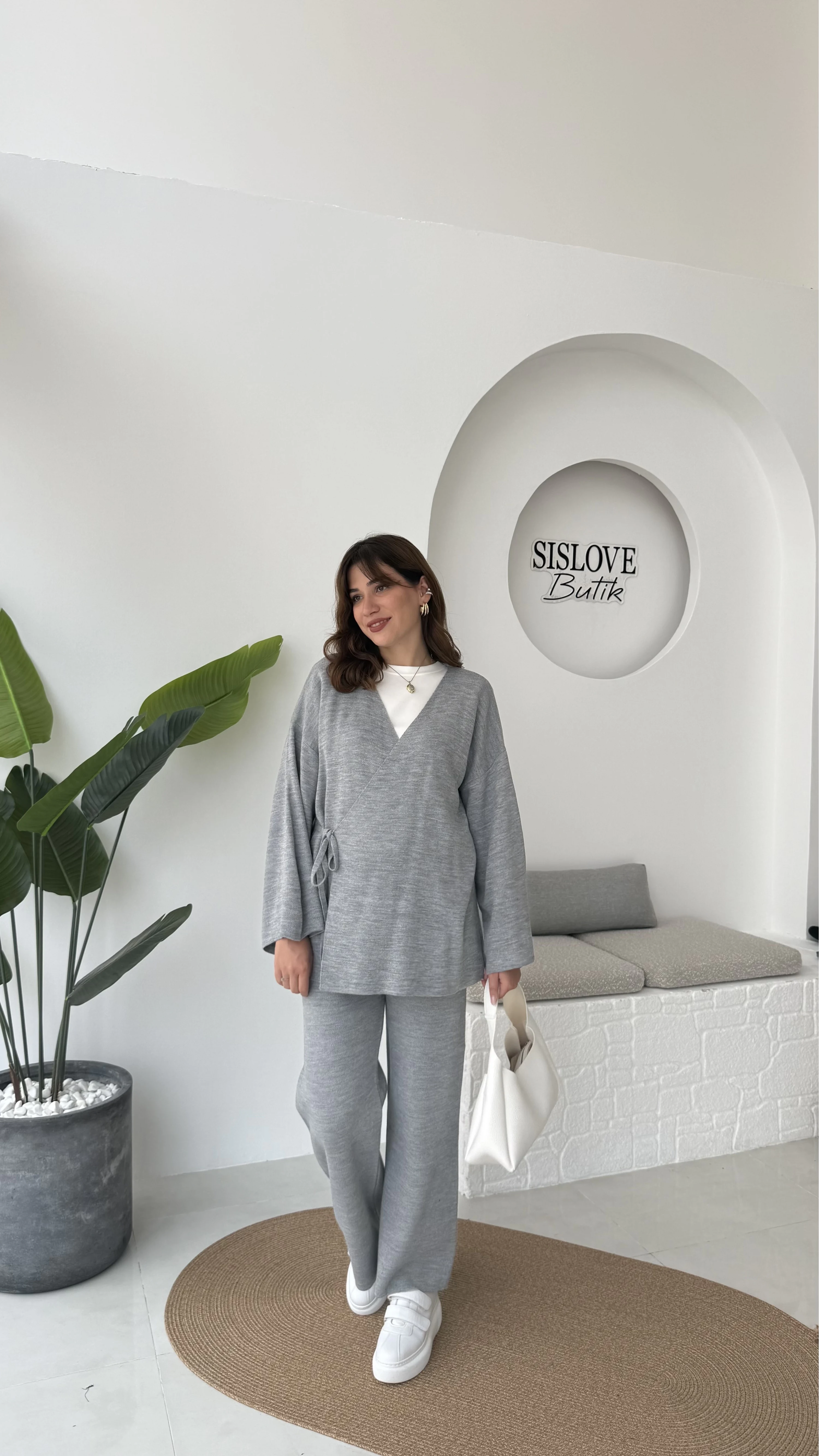 Jenny Bağlamalı Triko Takım - Gri - Kod: 7206