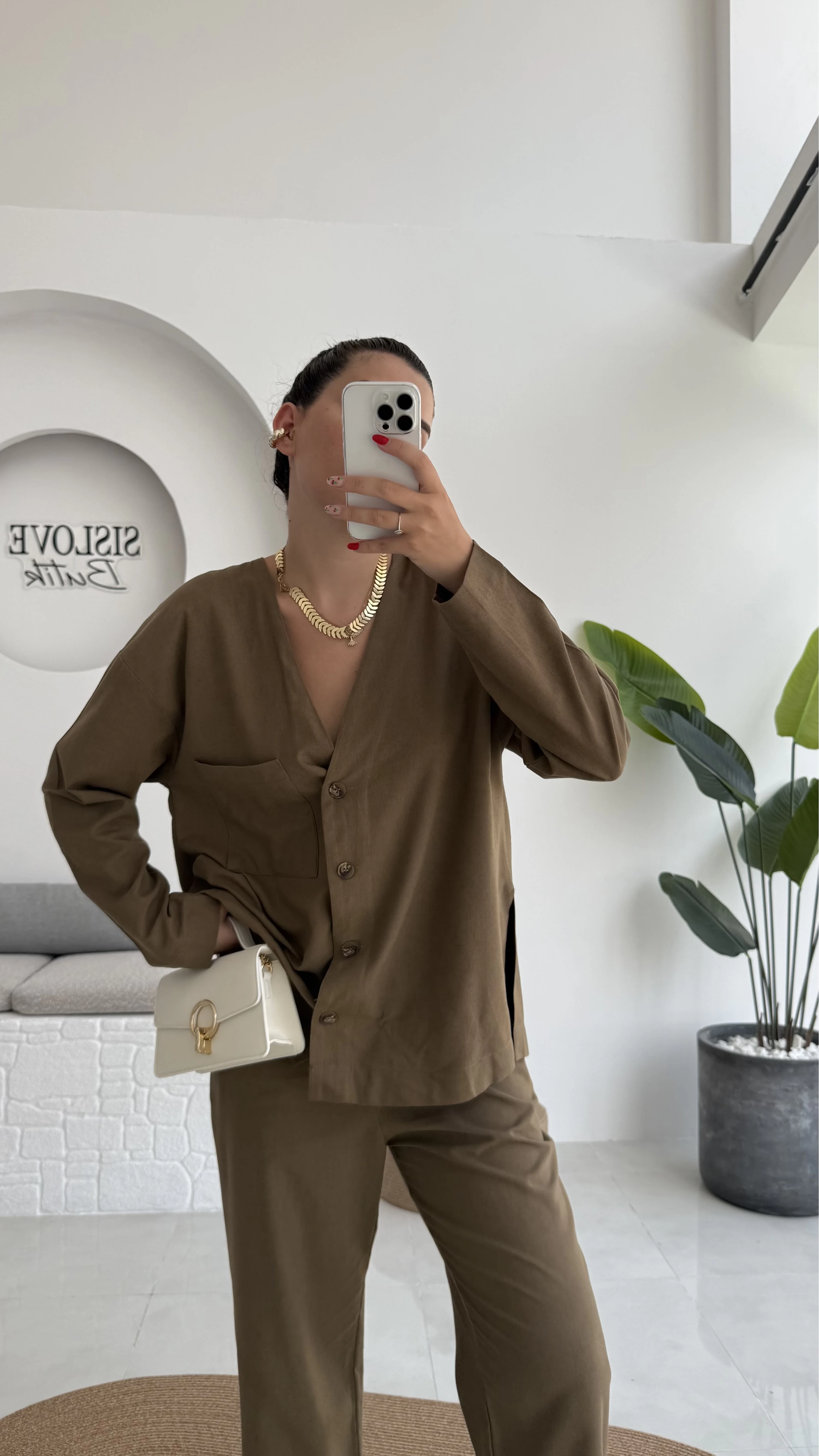 July Premium V Yaka Tek Cepli Gömlek Pantolon Takım - Haki