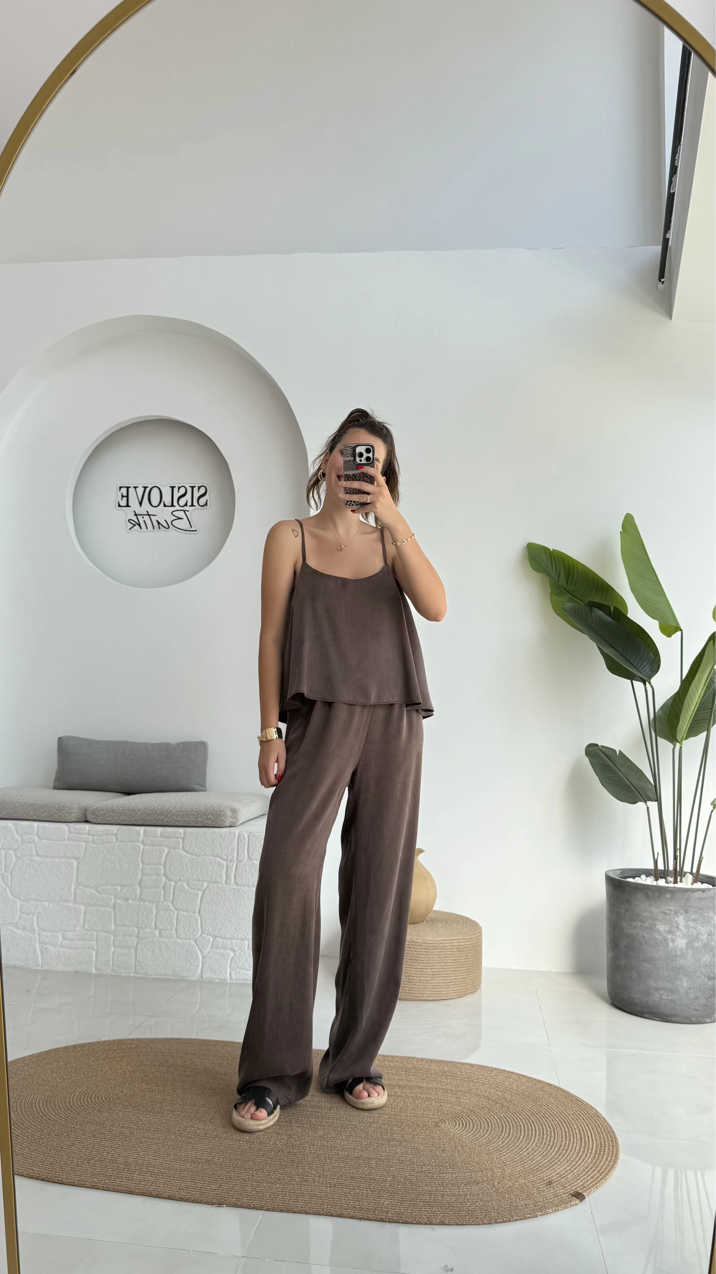 June Askılı Bluz Pantolon Takım - Kahve - 51043