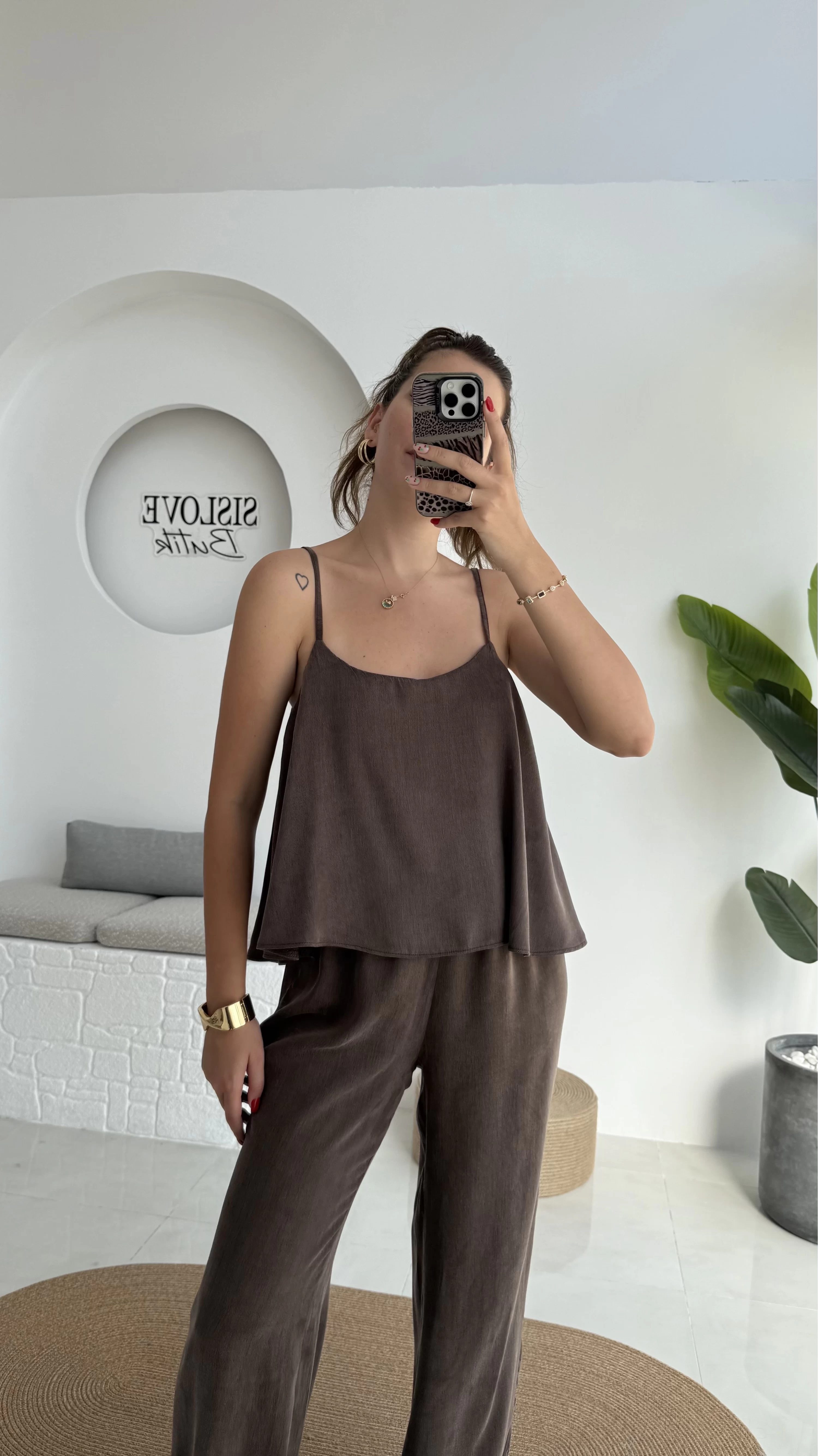 June Askılı Bluz Pantolon Takım - Kahve - 51043