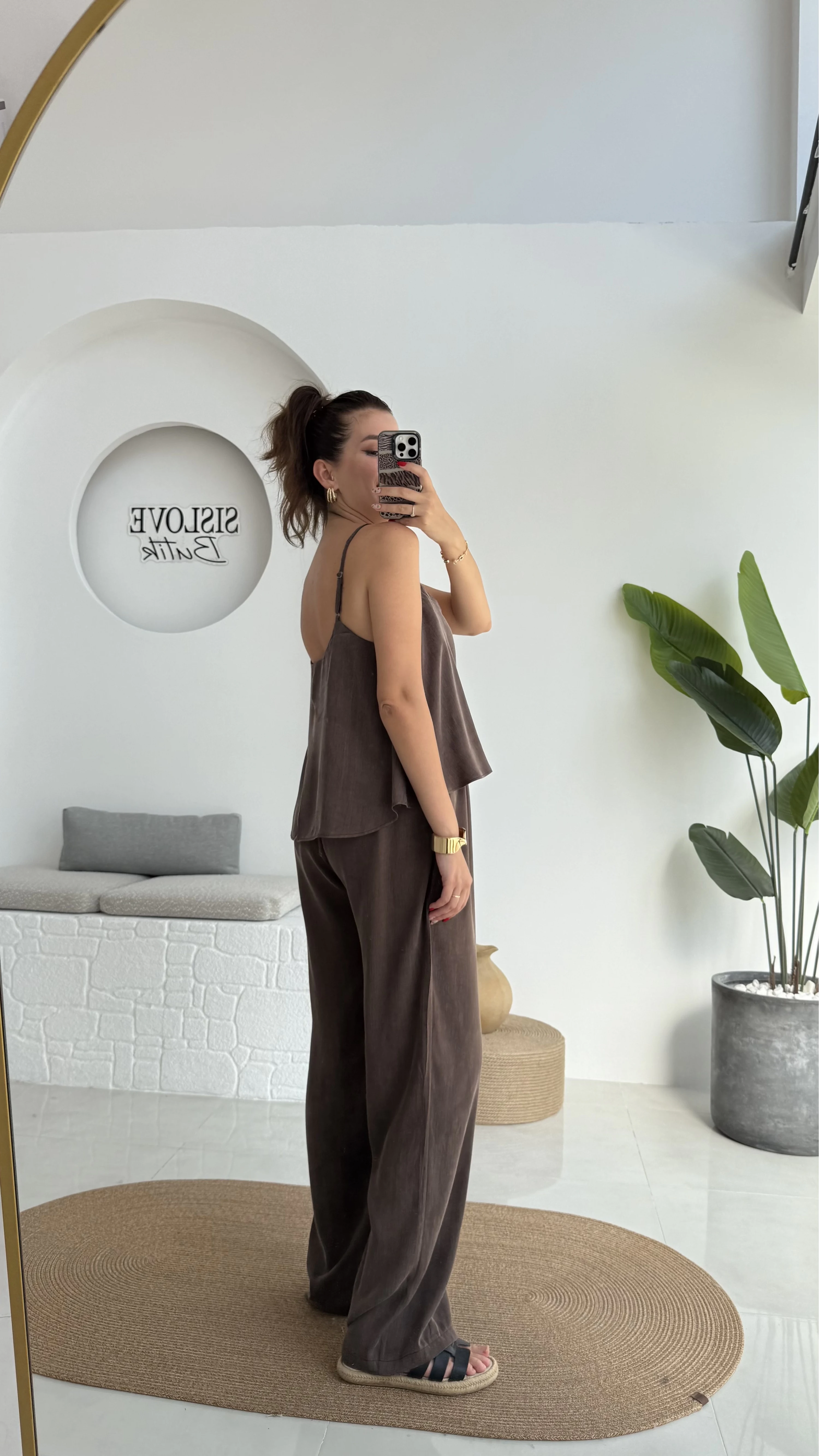 June Askılı Bluz Pantolon Takım - Kahve - 51043